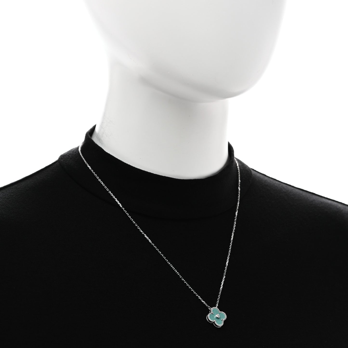 18K White Gold Diamond Celadon Green Sevres Porcelain Vintage Alhambra Pendant Necklace