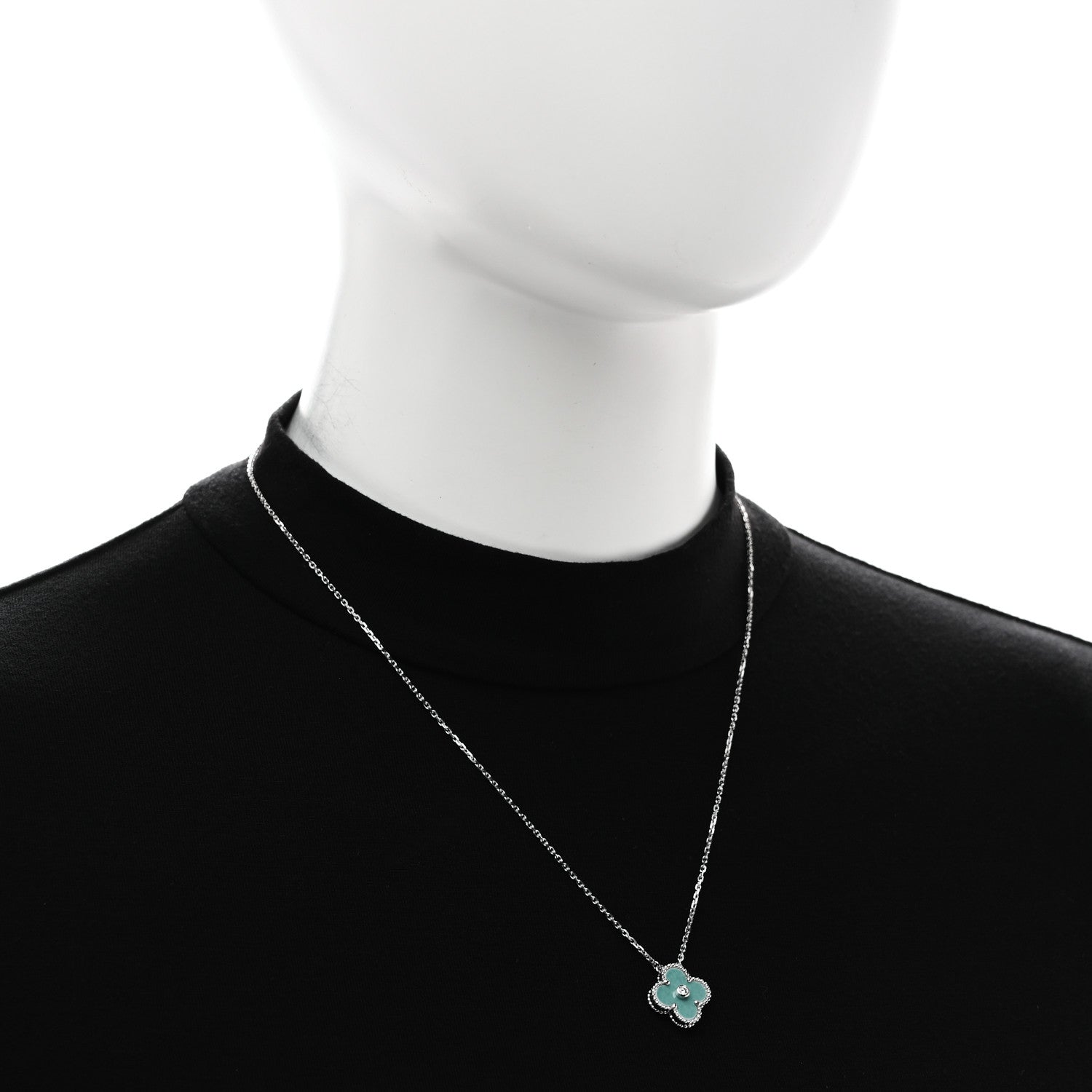 Van Cleef & Arpels 18K White Gold Diamond Celadon Green Sevres Porcelain Vintage Alhambra Pendant Necklace 2 of 4