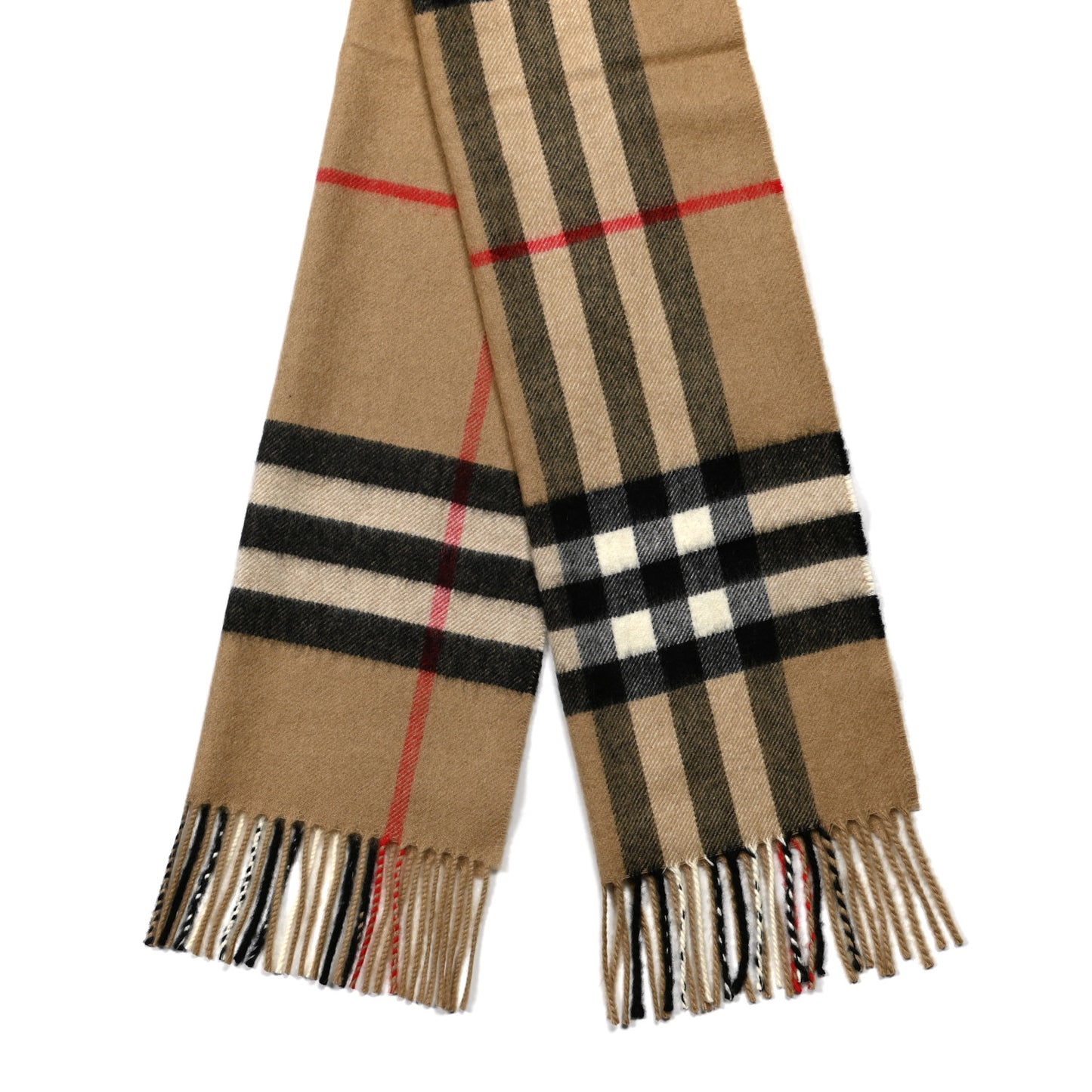 Cashmere Giant Check Fringe Scarf Camel