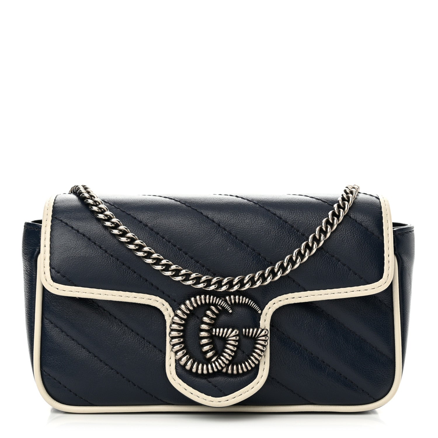 Gucci Vintage Effect Calfskin Matelasse Diagonal Super Mini Torchon GG Marmont Shoulder Bag Blue Agata Mystic White 1 of 10