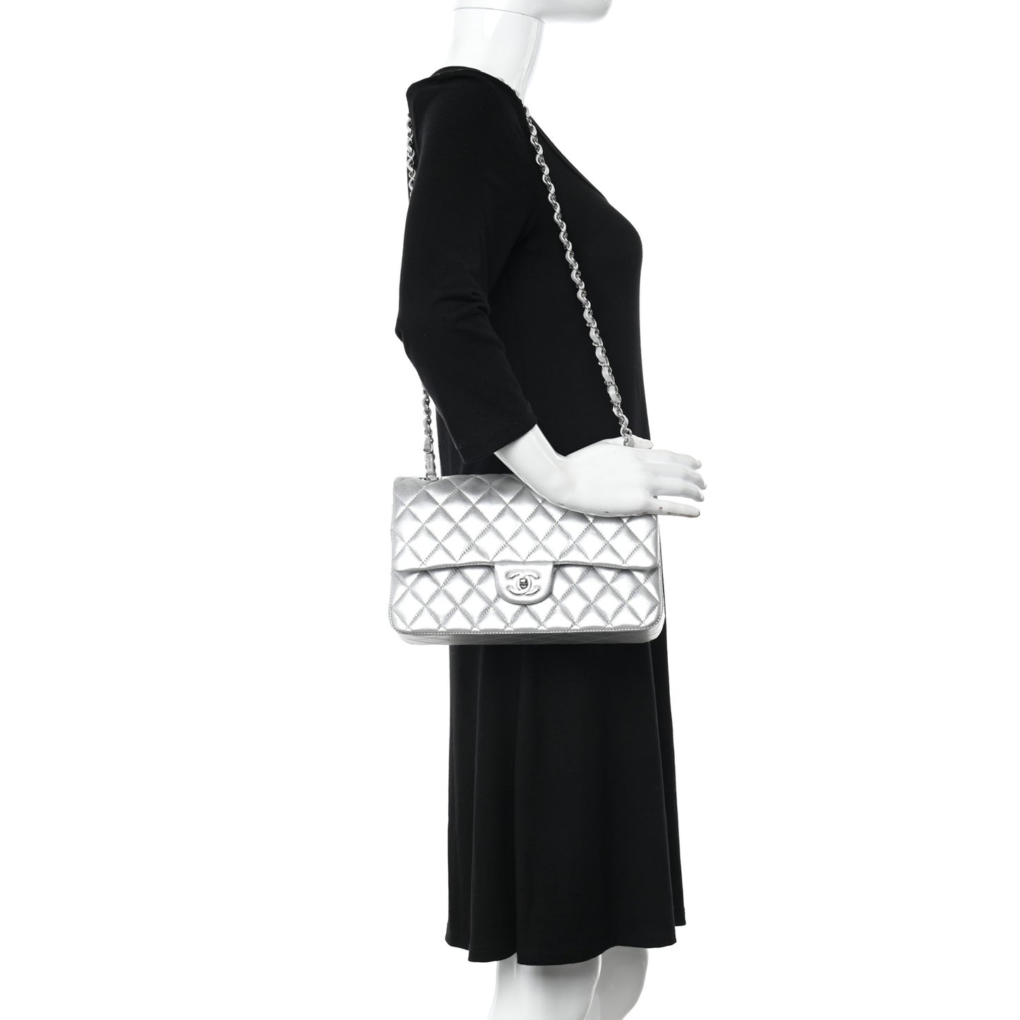 Metallic Lambskin Quilted Medium Double Flap Silver