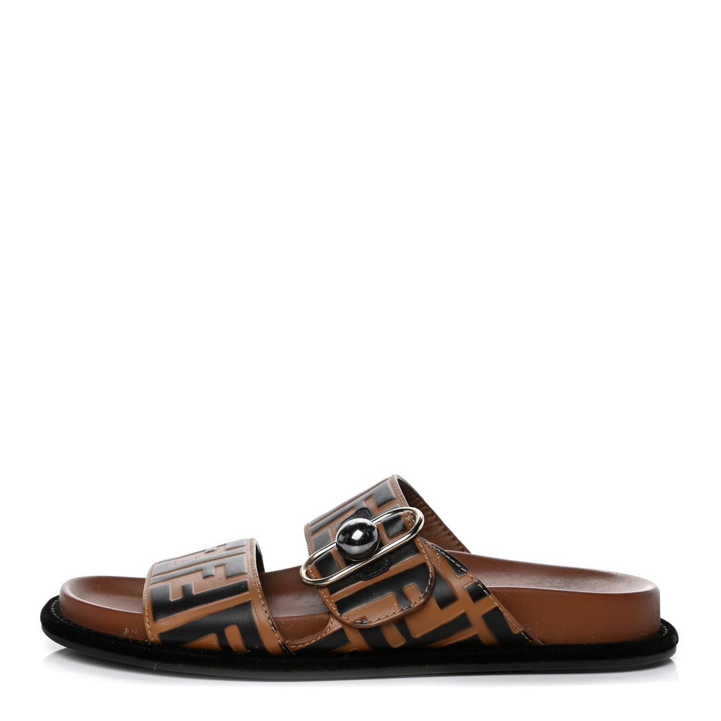 Calfskin FF Embossed Pearland Slide Sandals 36 Tobacco Moro