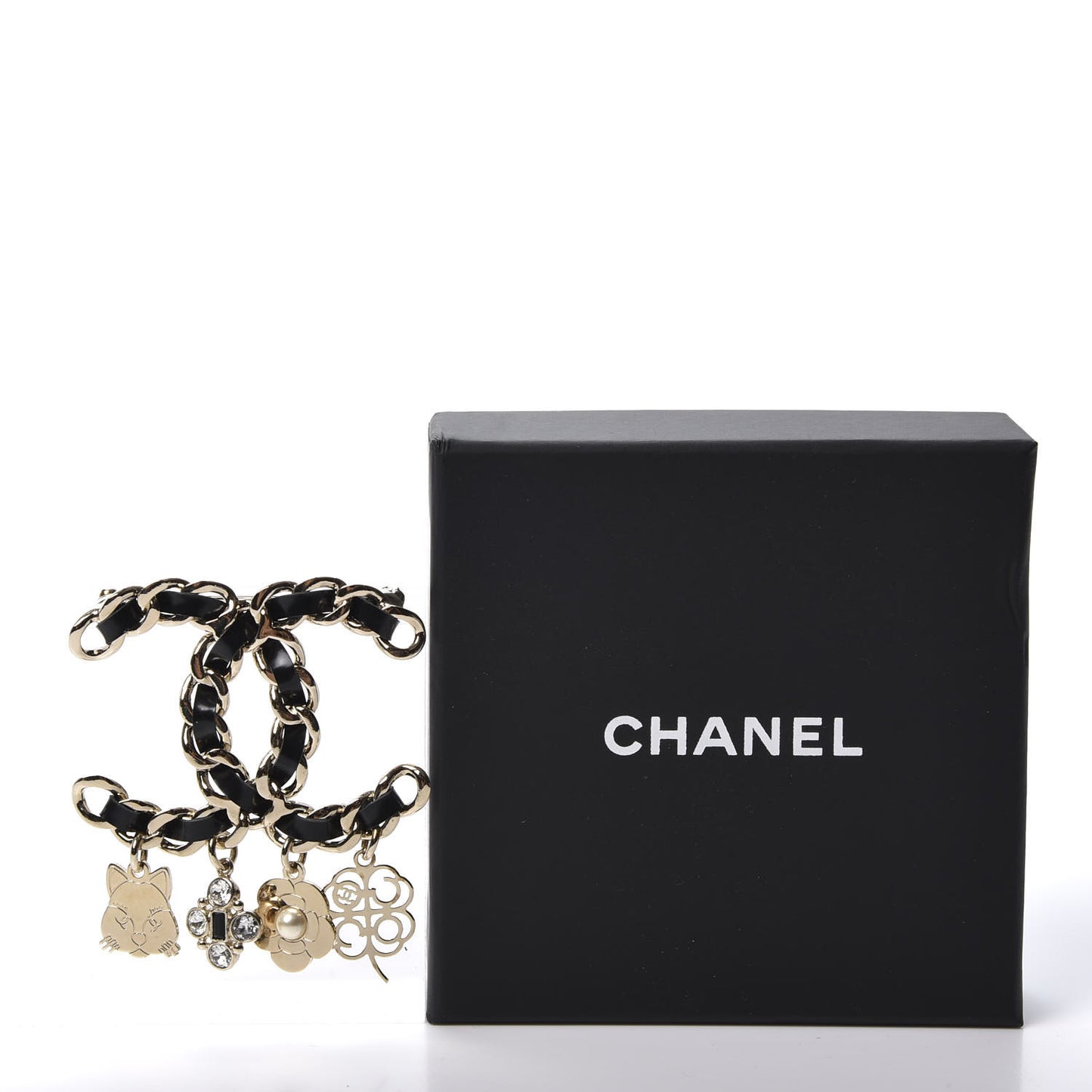 Lambskin Crystal Chain CC Charms Brooch Black Gold