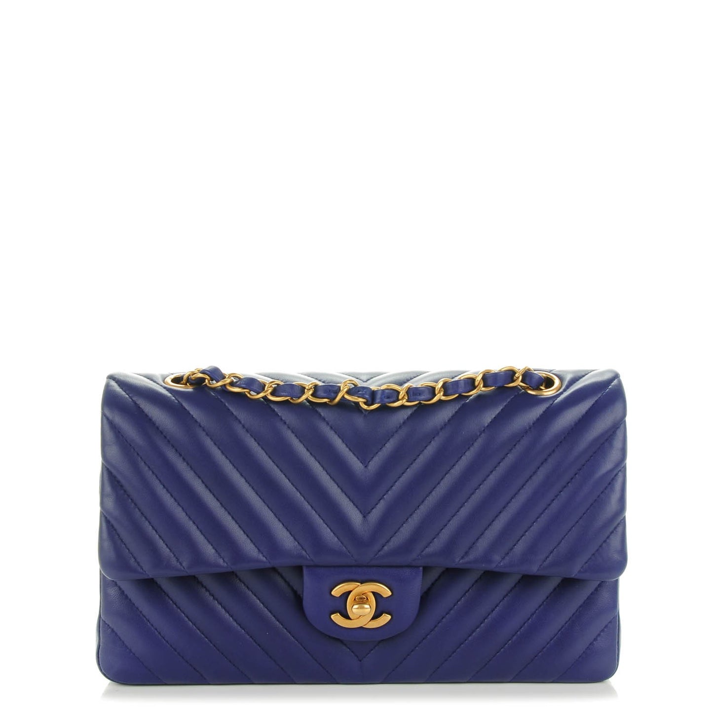 Lambskin Chevron Quilted Medium Double Flap Blue