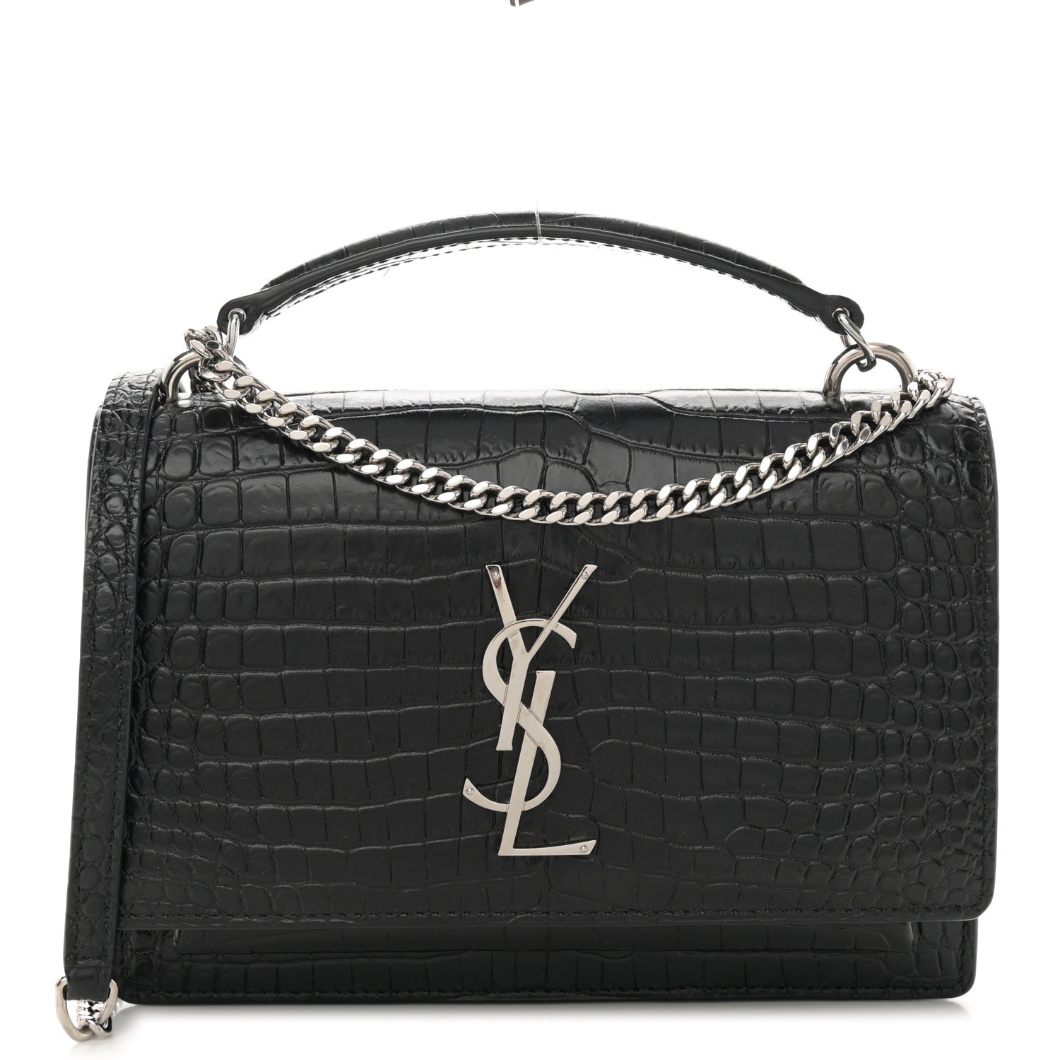 Saint Laurent Calfskin Crocodile Embossed Monogram Sunset Chain Wallet Black 1 of 11