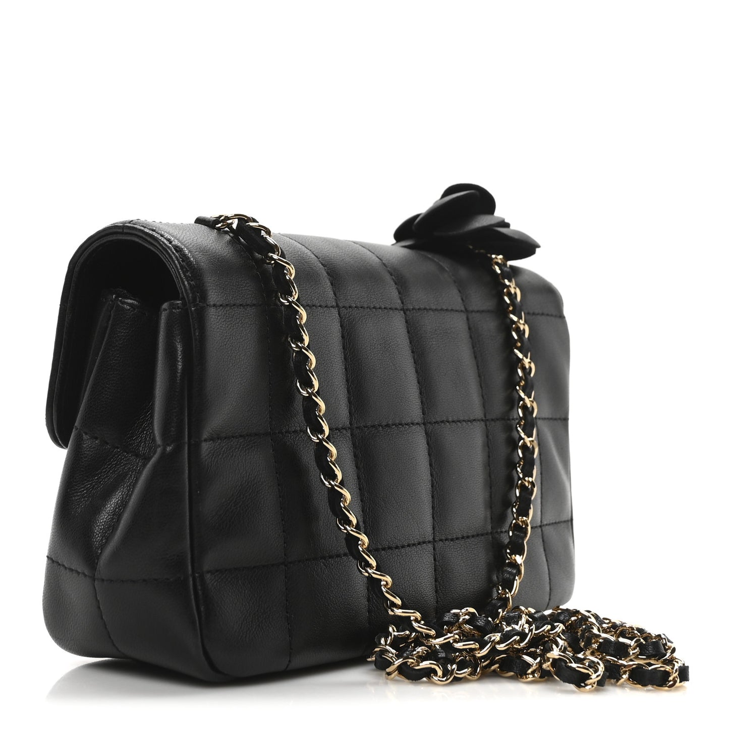 Lambskin Quilted Mini Chocolate Bar Camellia Flap Black