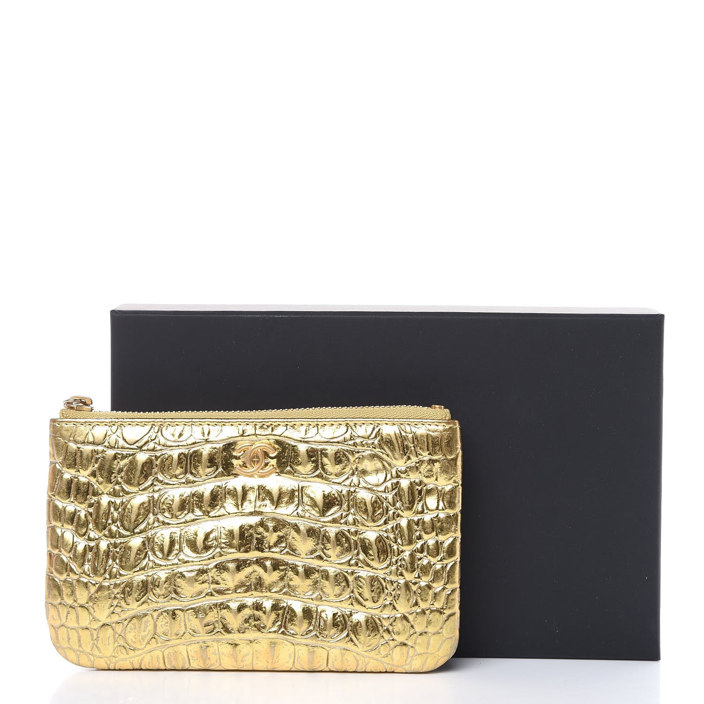 Metallic Calfskin Crocodile Embossed Cocodile Cosmetic Case Gold