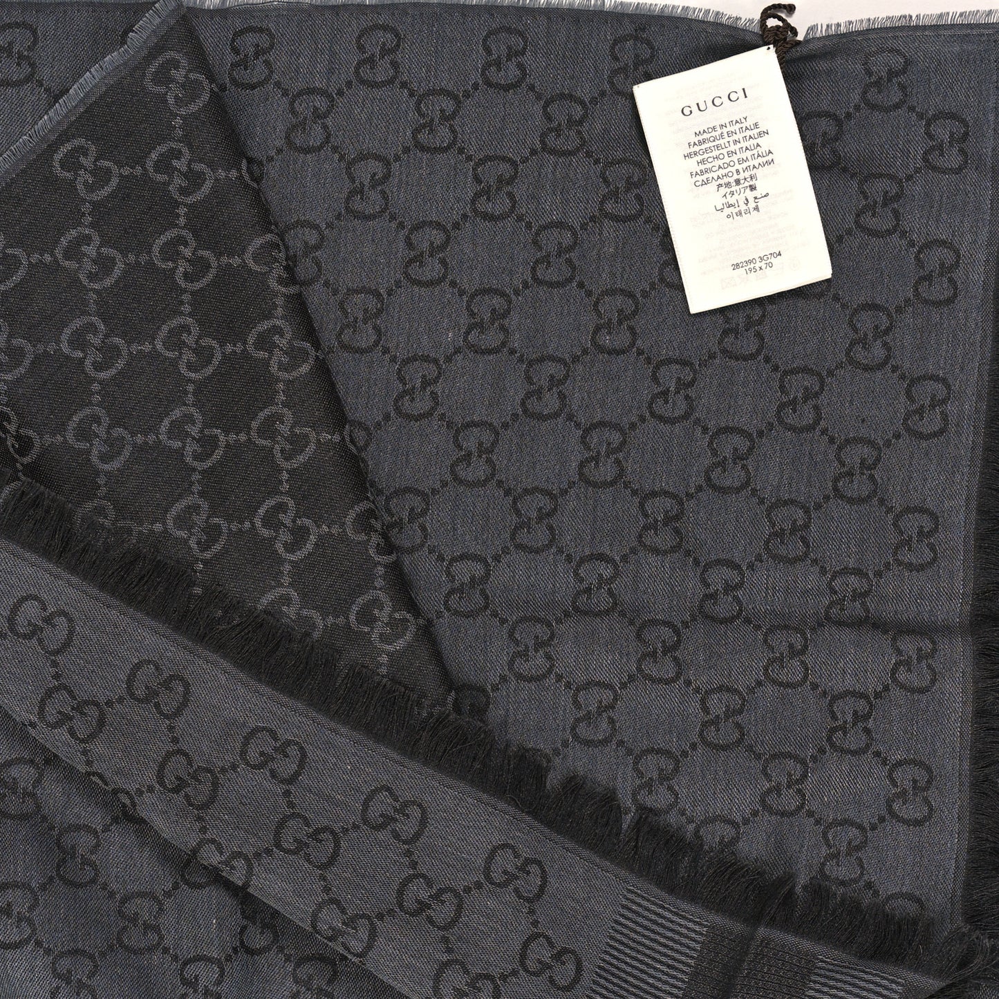 Wool Silk GG Monogram GGWeblong Fringe Scarf Shawl Pearl Medium Grey