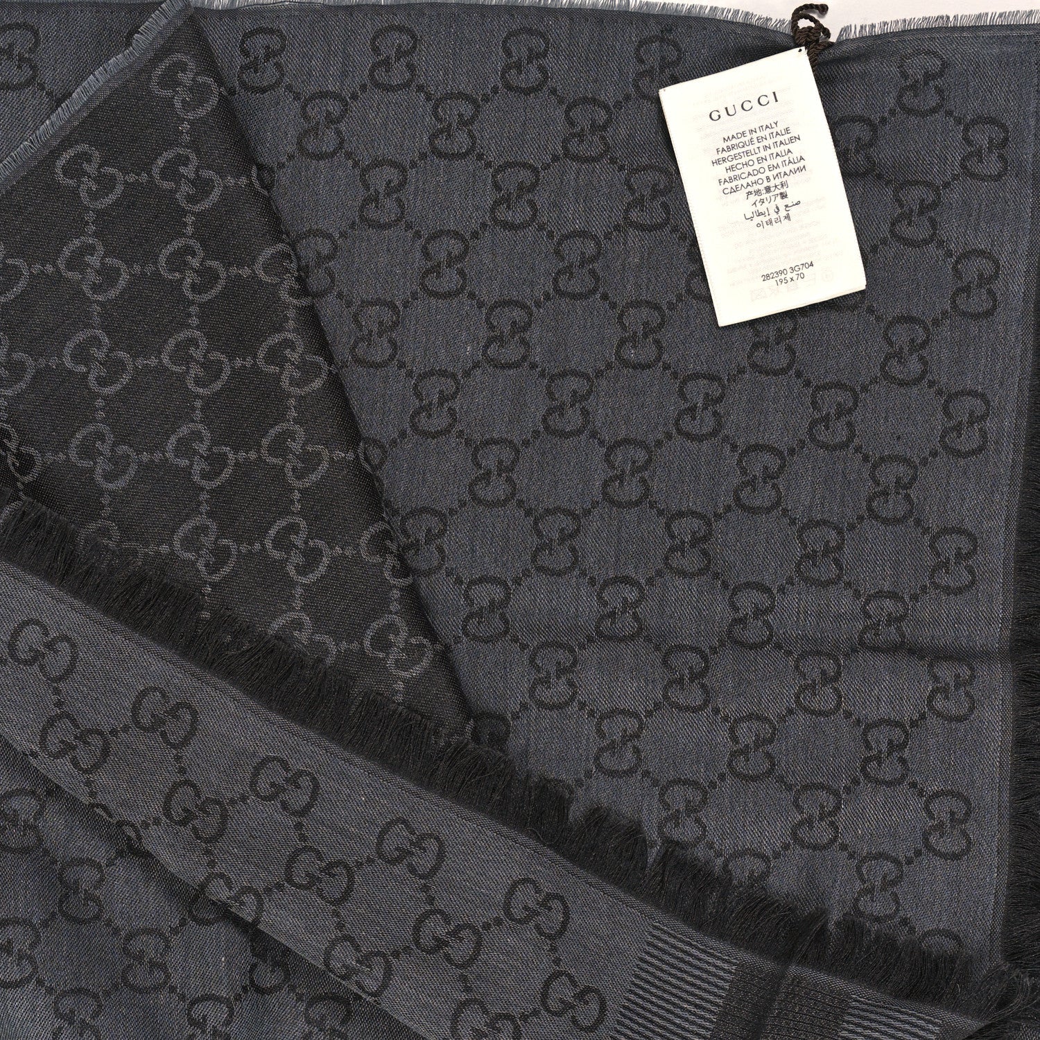 Gucci Wool Silk GG Monogram GGWeblong Fringe Scarf Shawl Pearl Medium Grey 3 of 3