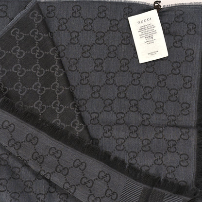 Gucci Wool Silk GG Monogram GGWeblong Fringe Scarf Shawl Pearl Medium Grey 3 of 3