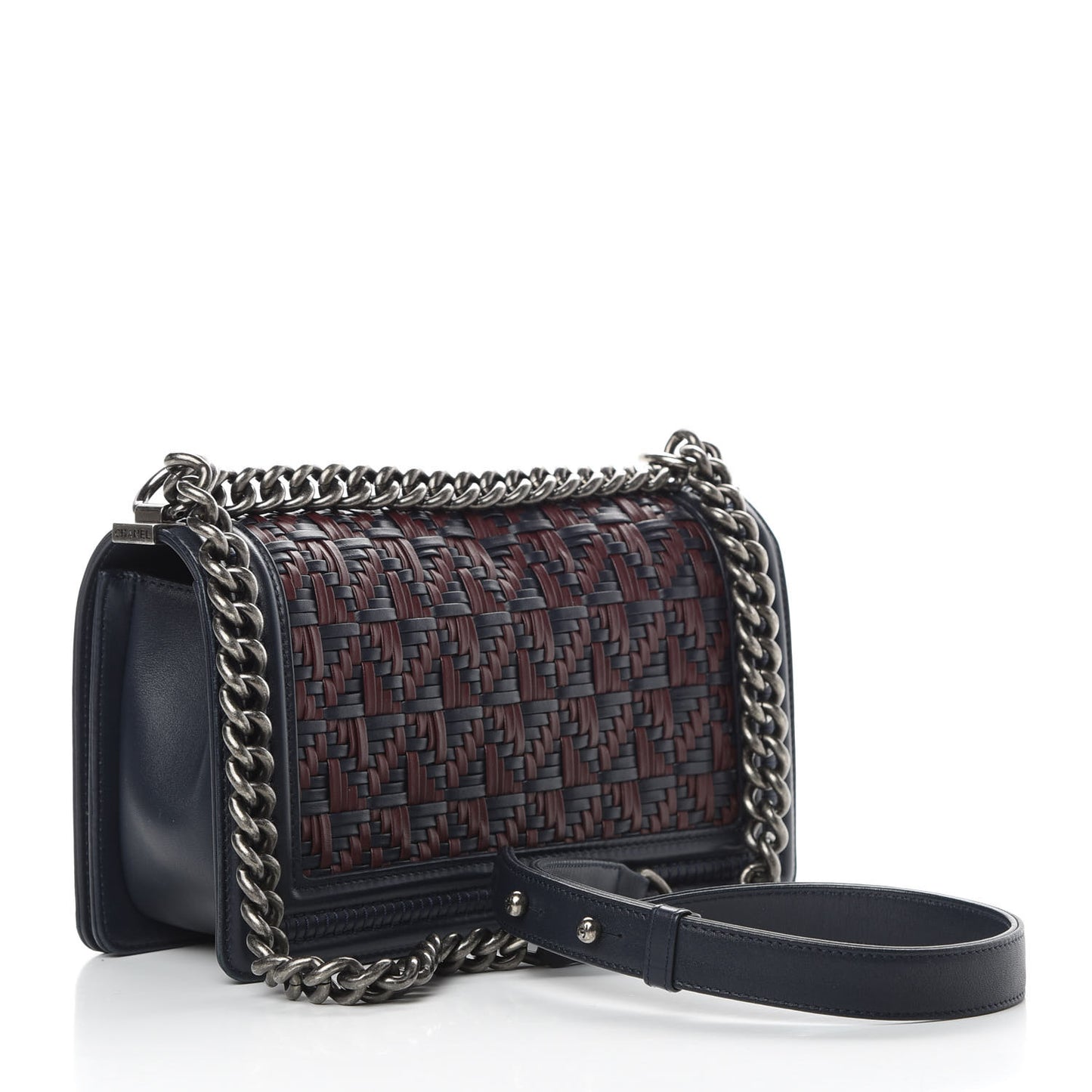 Calfskin Woven Medium Boy Flap Blue Burgundy