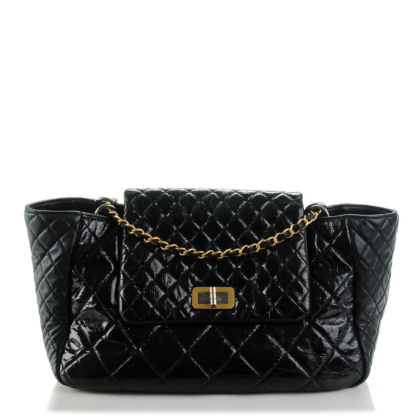 Glazed Calfskin Quilted Large Mademoiselle East West Flap Black