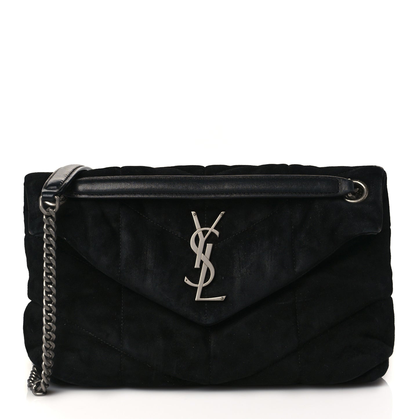 Suede Calfskin Quilted Small Loulou Puffer Monogram Chain Satchel Black