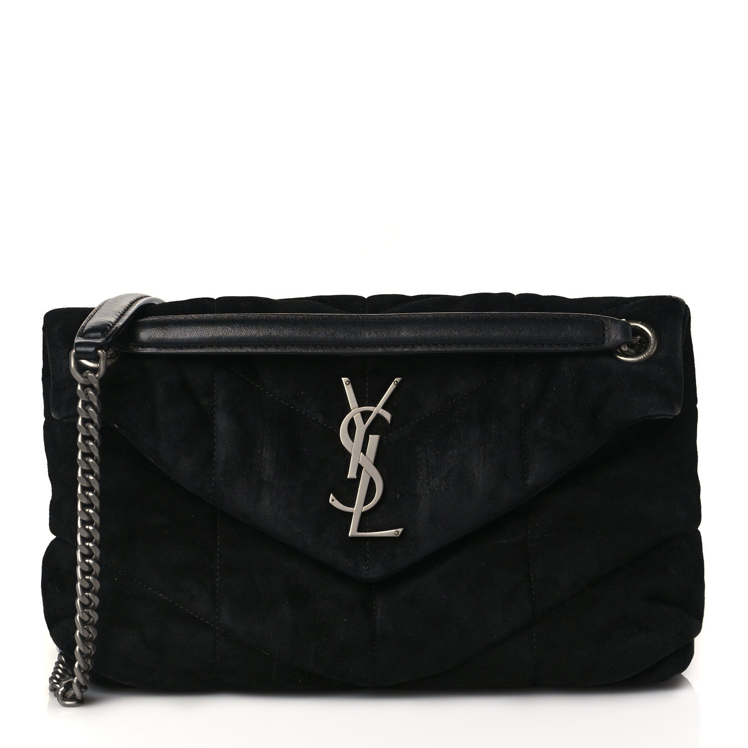 Saint Laurent Suede Calfskin Quilted Small Loulou Puffer Monogram Chain Satchel Black 1 of 12