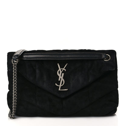 Saint Laurent Suede Calfskin Quilted Small Loulou Puffer Monogram Chain Satchel Black 1 of 12