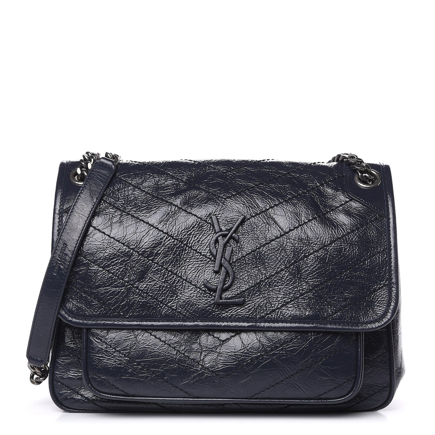 Crinkled Calfskin Matelasse Monogram Medium Niki Chain Satchel Deep Marine