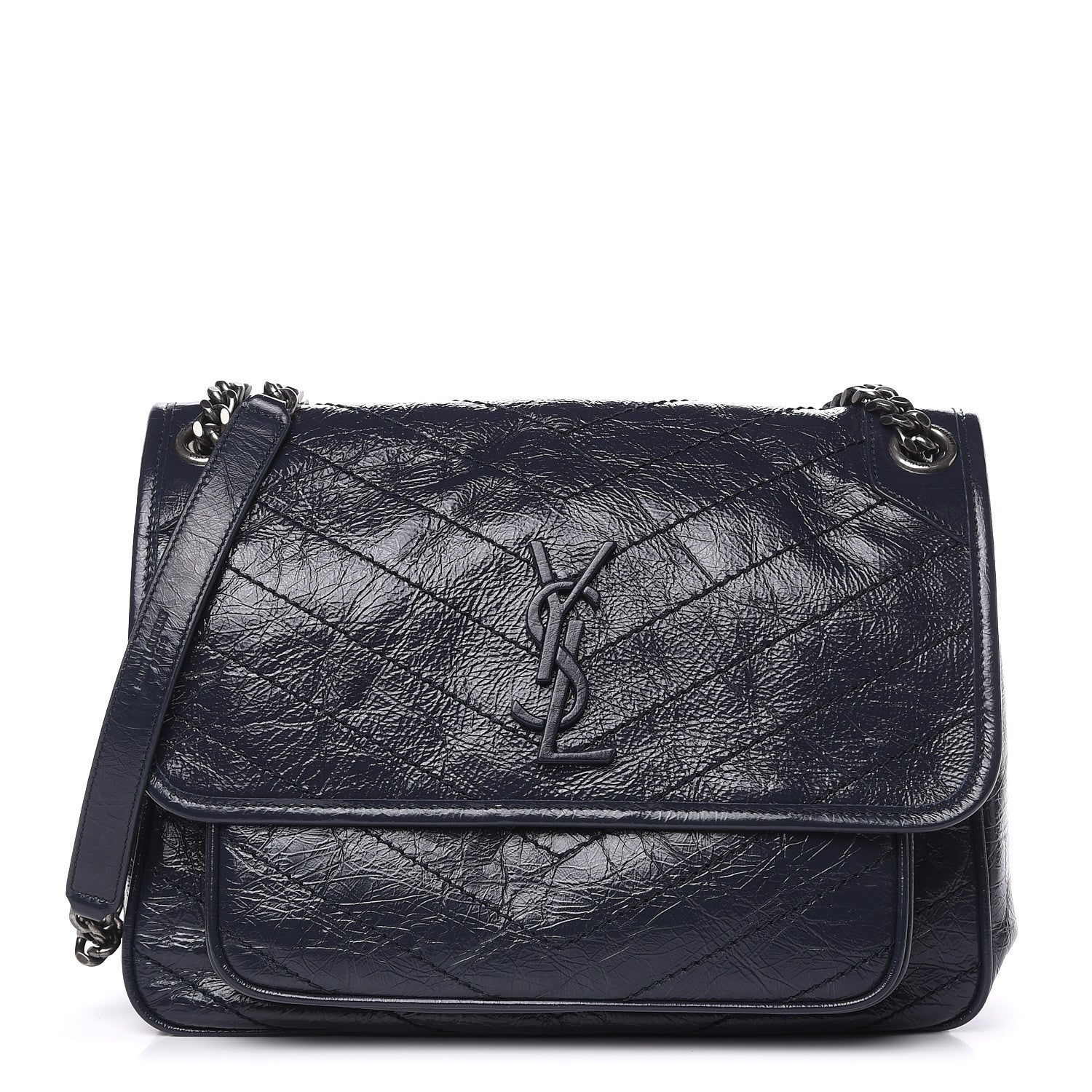 Saint Laurent Crinkled Calfskin Matelasse Monogram Medium Niki Chain Satchel Deep Marine 1 of 11