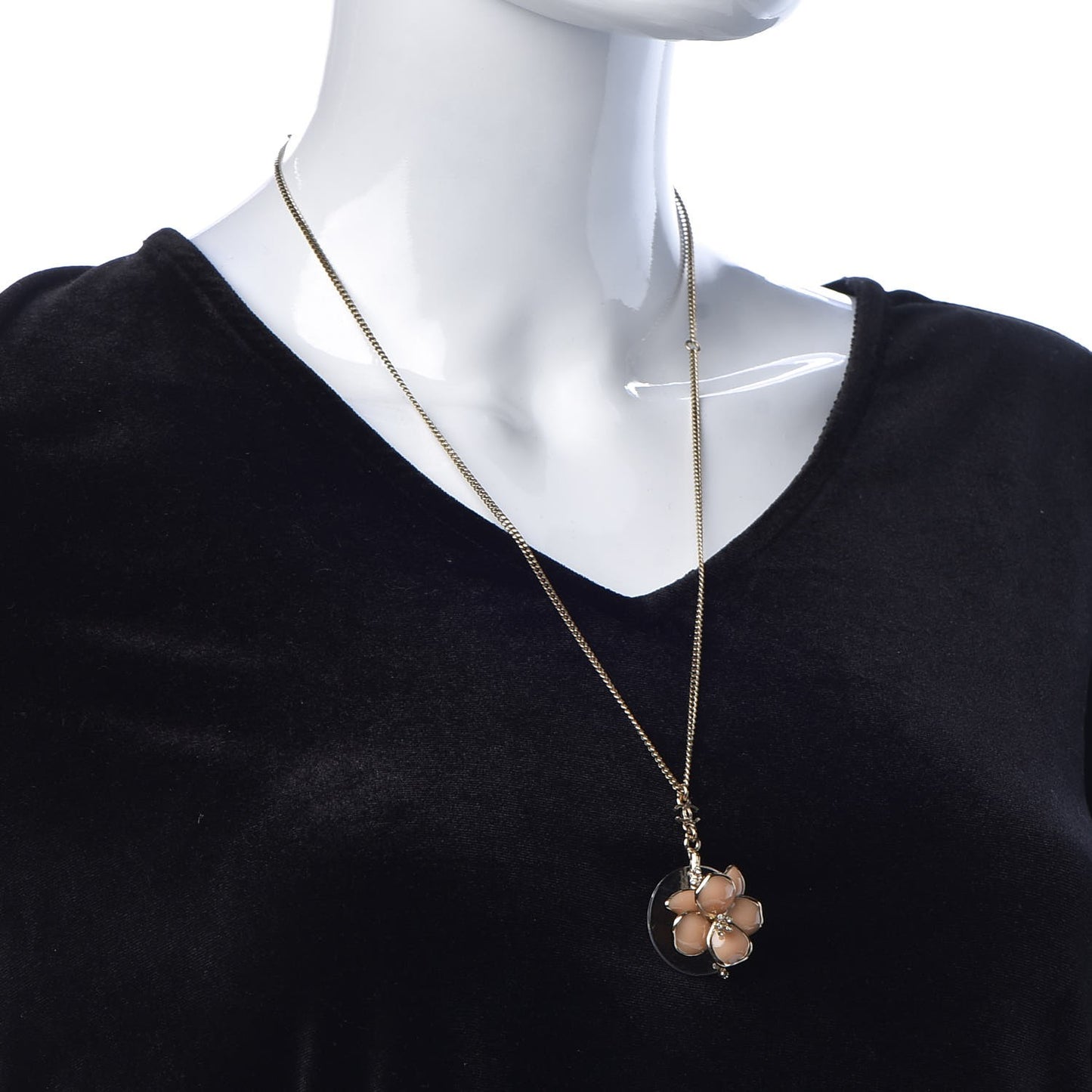 Enamel Crystal CC Camellia Pendant Necklace Beige Gold