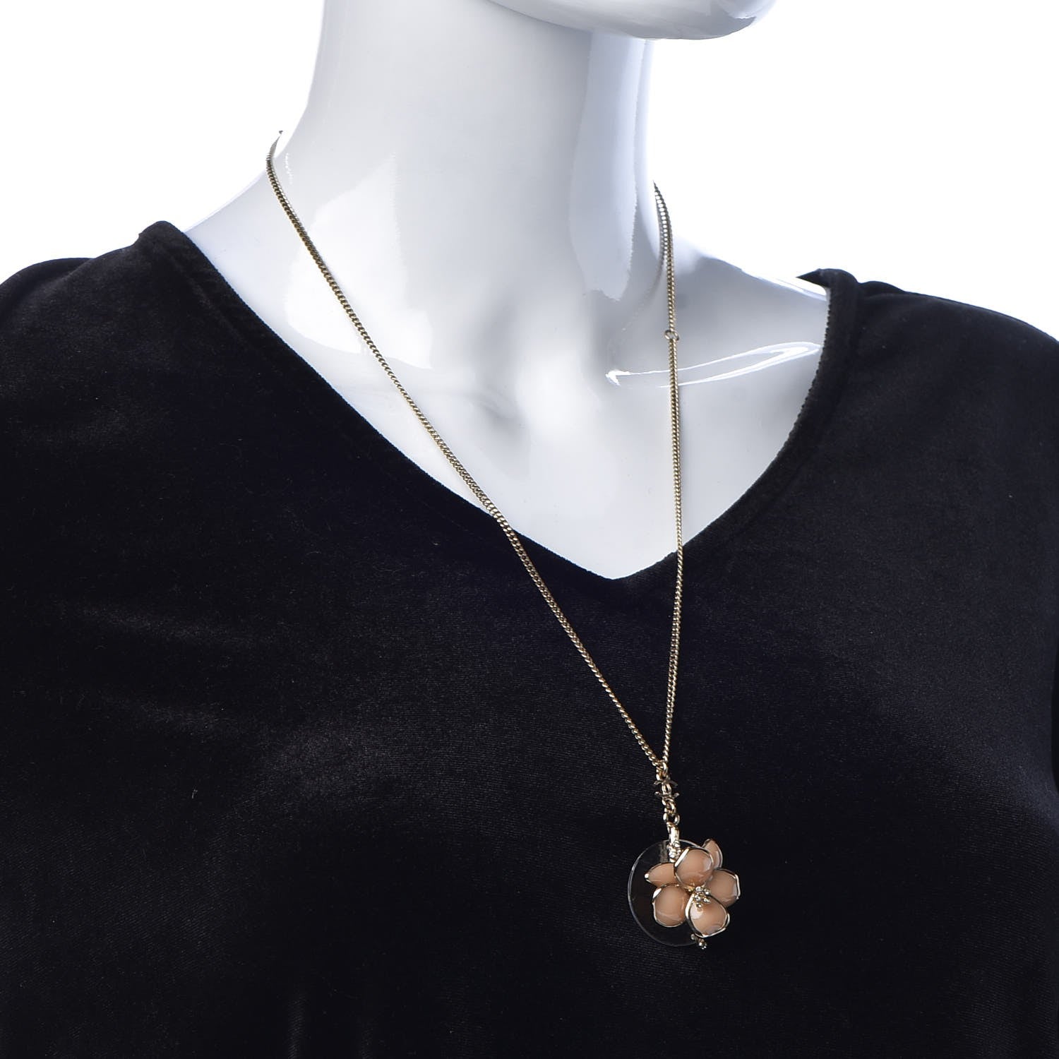 Chanel Enamel Crystal CC Camellia Pendant Necklace Beige Gold 2 of 6