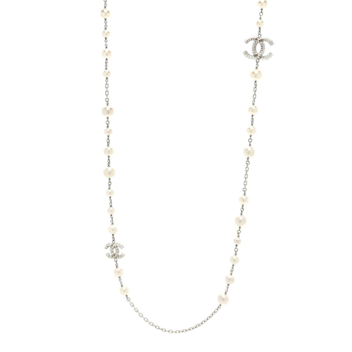Baguette Crystal Pearl CC Long Necklace Silver