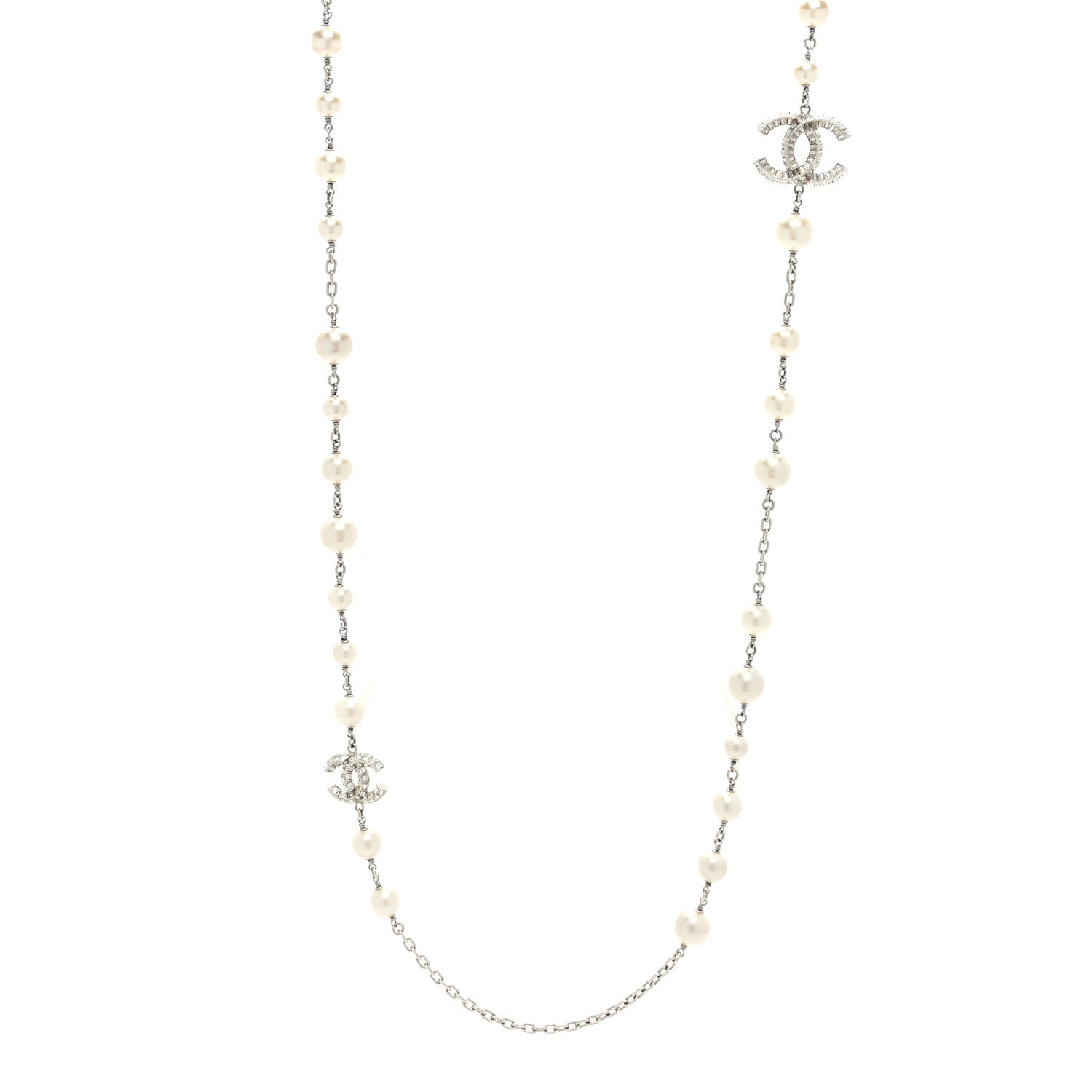 Chanel Baguette Crystal Pearl CC Long Necklace Silver 1 of 3