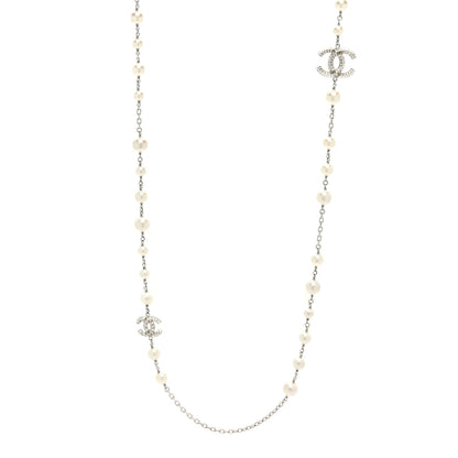 Chanel Baguette Crystal Pearl CC Long Necklace Silver 1 of 3