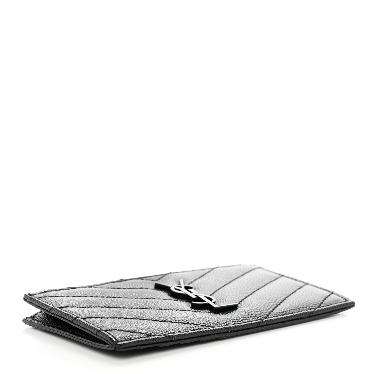 Saint Laurent Grain De Poudre Matelasse Chevron Monogram Fragments Zippered Card Case Black 4 of 8