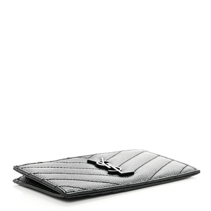 Saint Laurent Grain De Poudre Matelasse Chevron Monogram Fragments Zippered Card Case Black 4 of 8