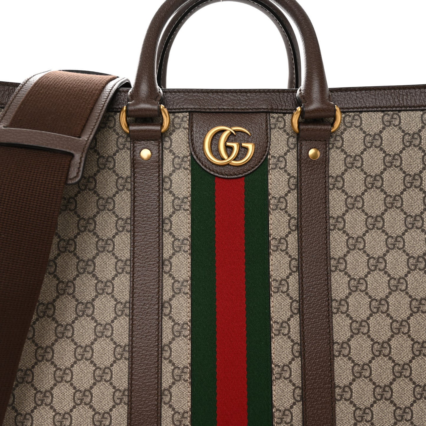 GG Supreme Monogram Textured Dollar Calfskin Web Large Ophidia Tote Bag Beige Ebony