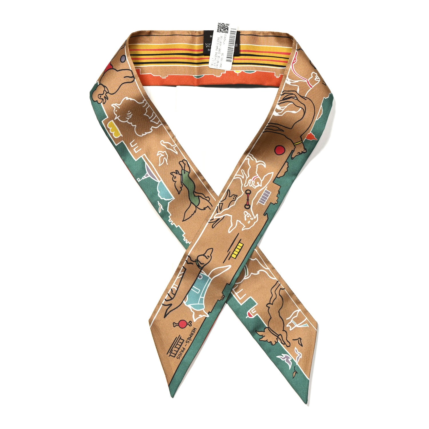 Hermes Silk Les Chiens Parisiens Twilly Beige Dore Vert Orange 1 of 4
