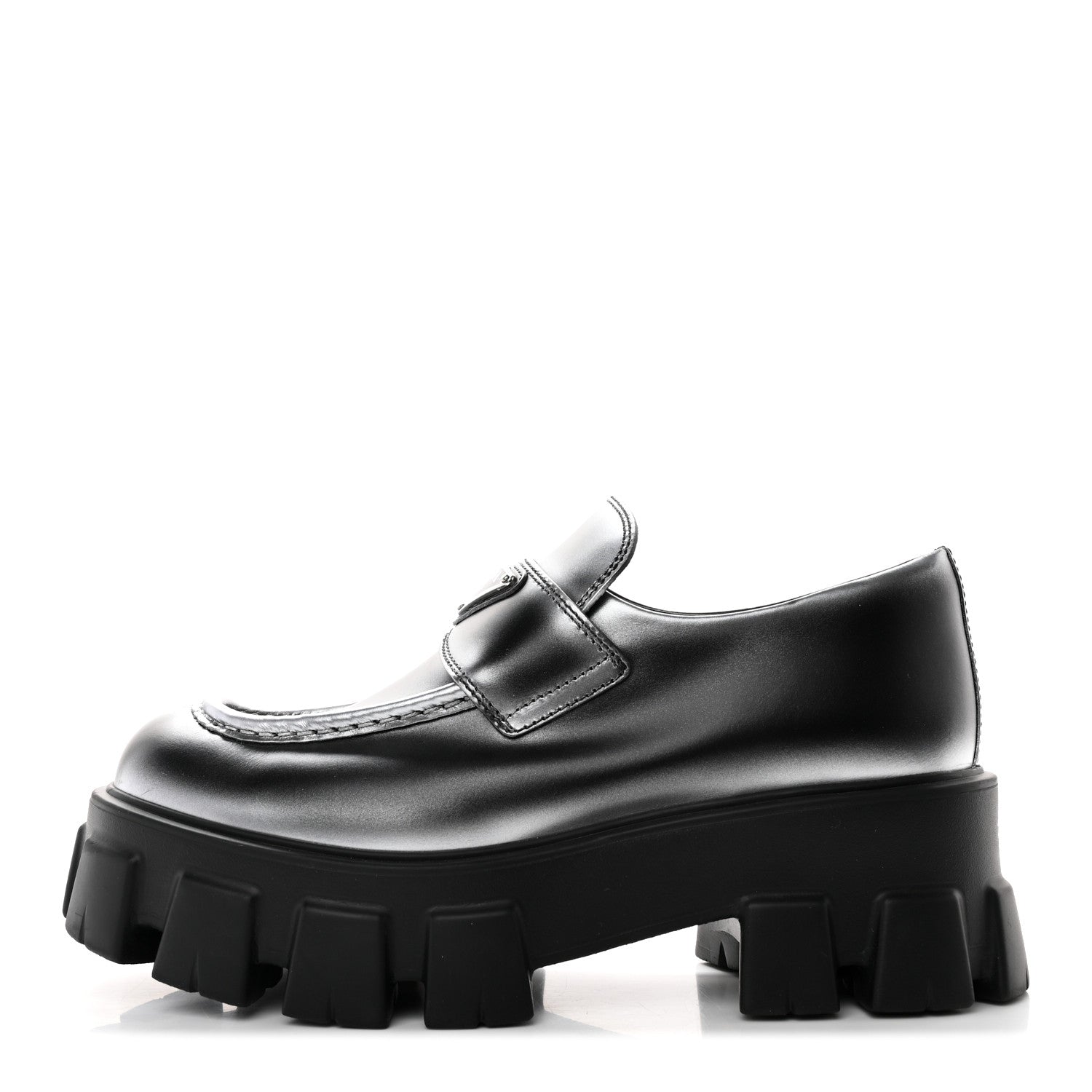Prada Spazzolato Rois Sfumato Metal Triangle Logo Monolith 60mm Loafers 38 Black Argento 1 of 10