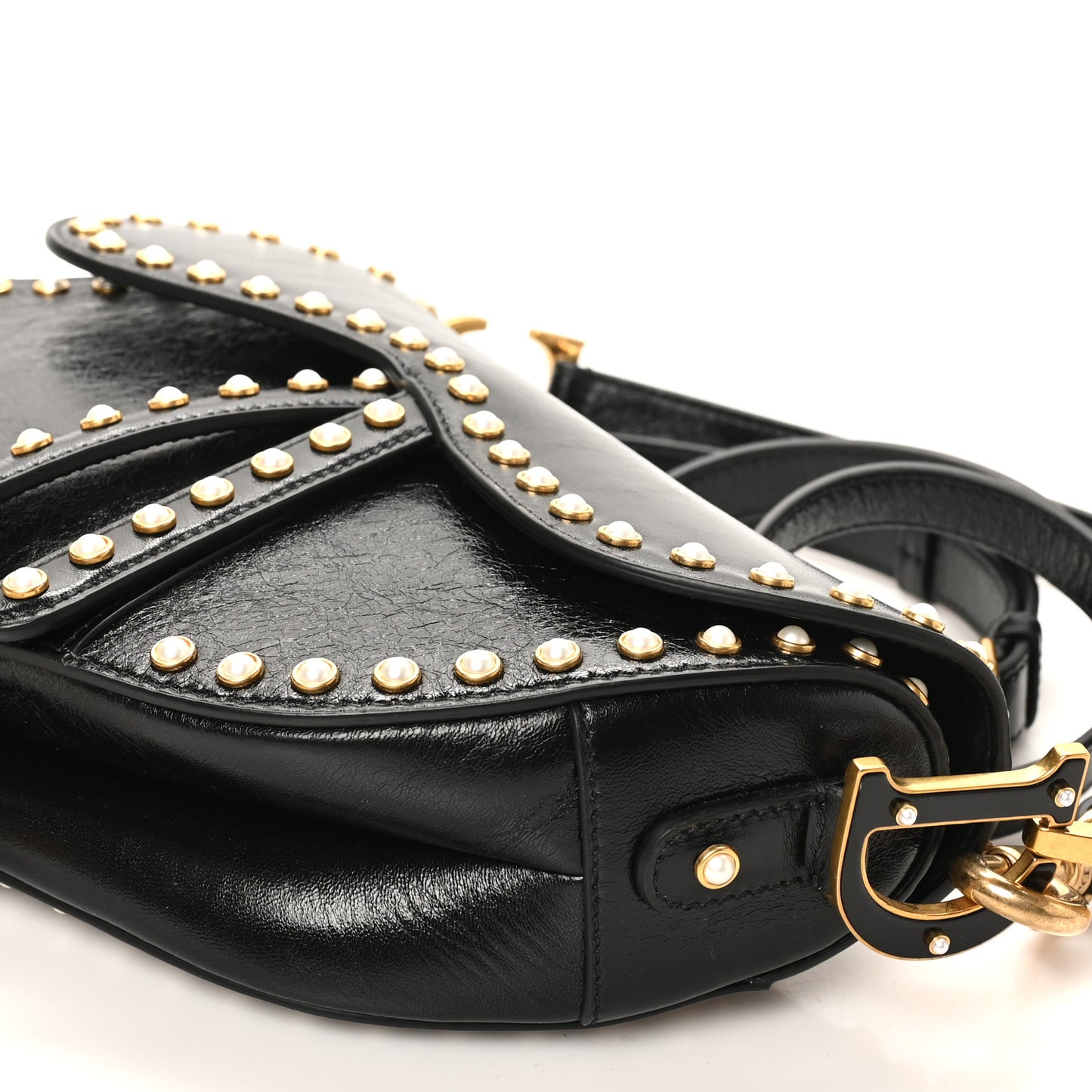 Crinkled Patent Lambskin Studded Saddle Bag With Strap Black