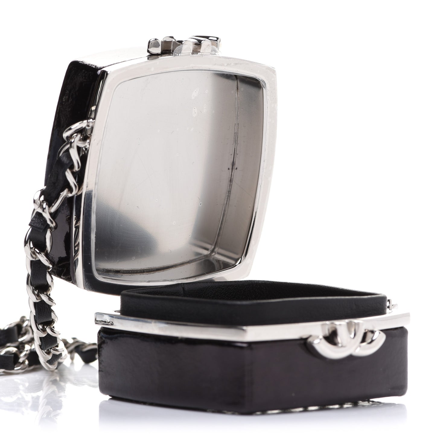 Patent Goatskin Quilted Clutch With Chain Black