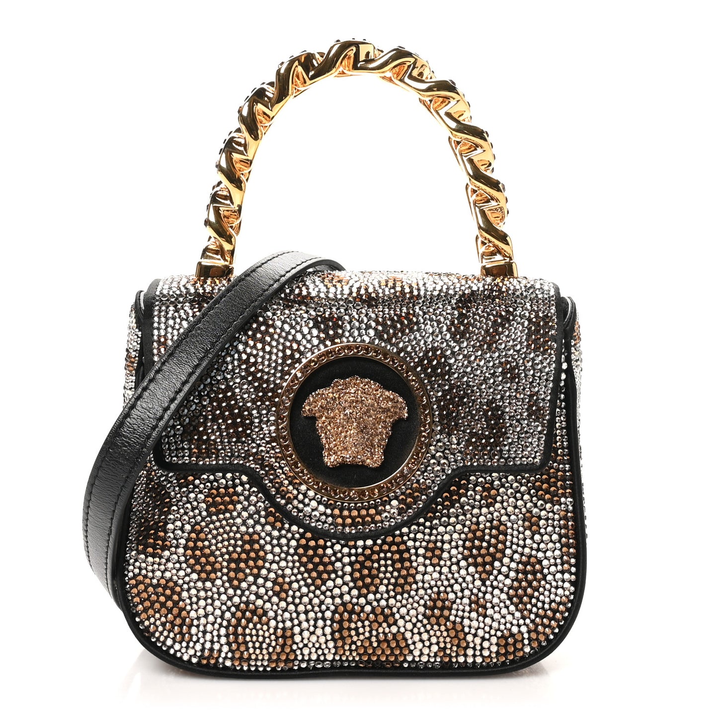 Satin Crystal Studded Leopard Mini La Medusa Bag Black