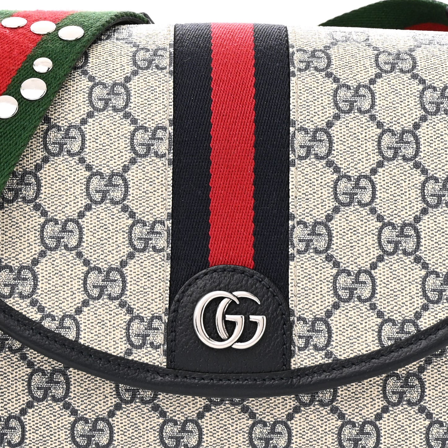 GG Supreme Monogram Textured Dollar Calfskin Web Studded Mini Ophidia Flap Shoulder Bag Beige Blue