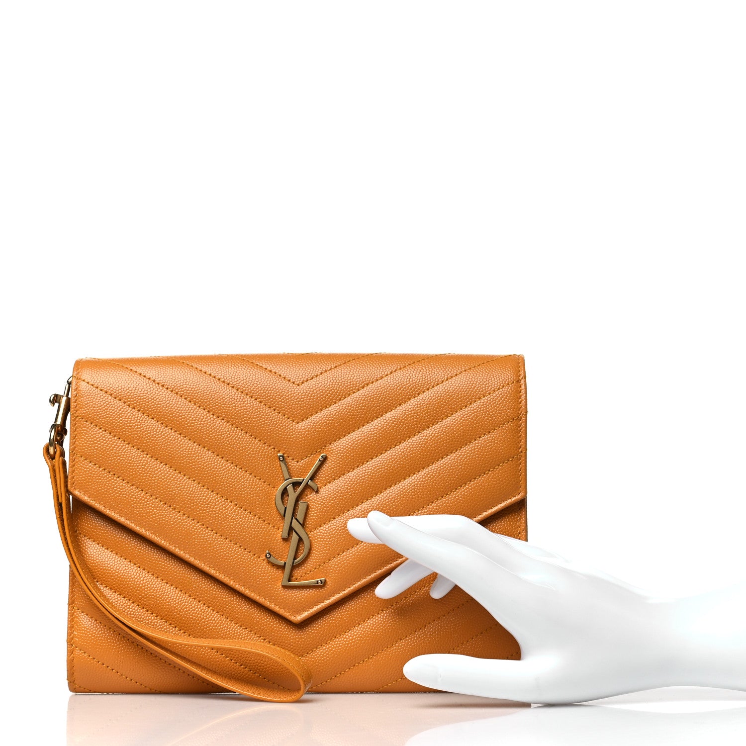 Saint Laurent Grain De Poudre Matelasse Chevron Monogram Cassandre Flap Pouch Senape Yellow 2 of 12