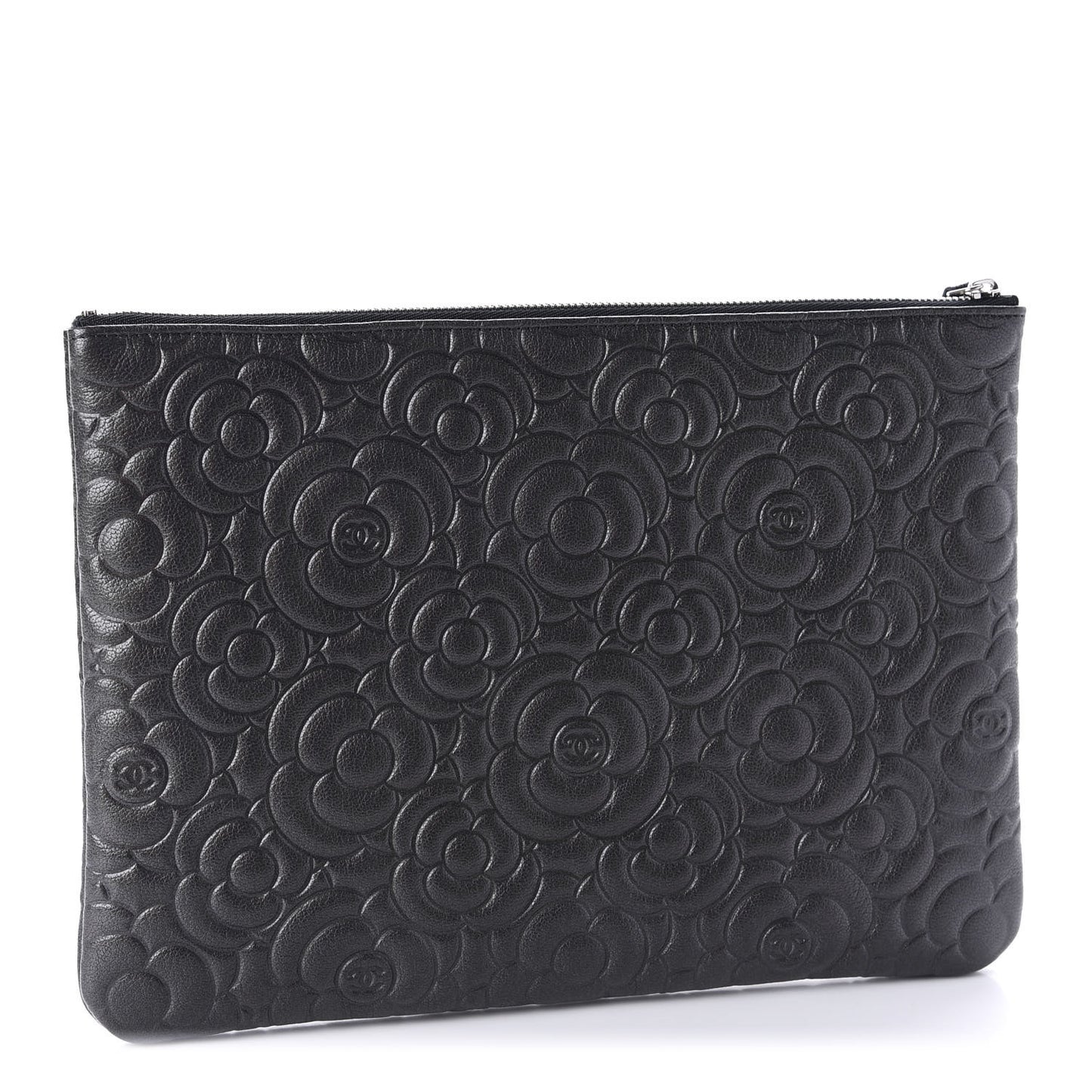 Goatskin Camellia Embossed Medium Cosmetic Case Dark Grey