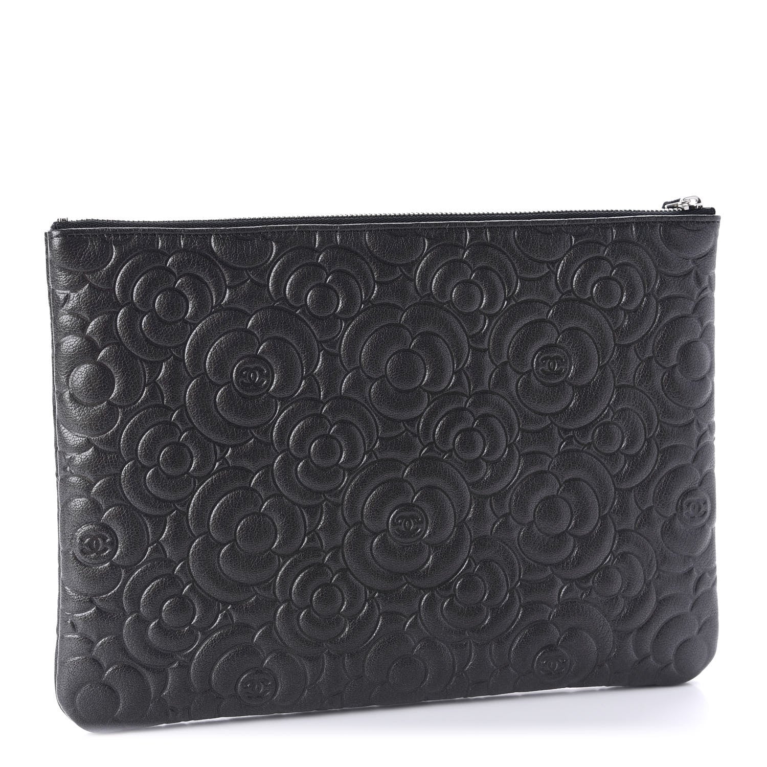 Chanel Goatskin Camellia Embossed Medium Cosmetic Case Dark Grey 3 of 10
