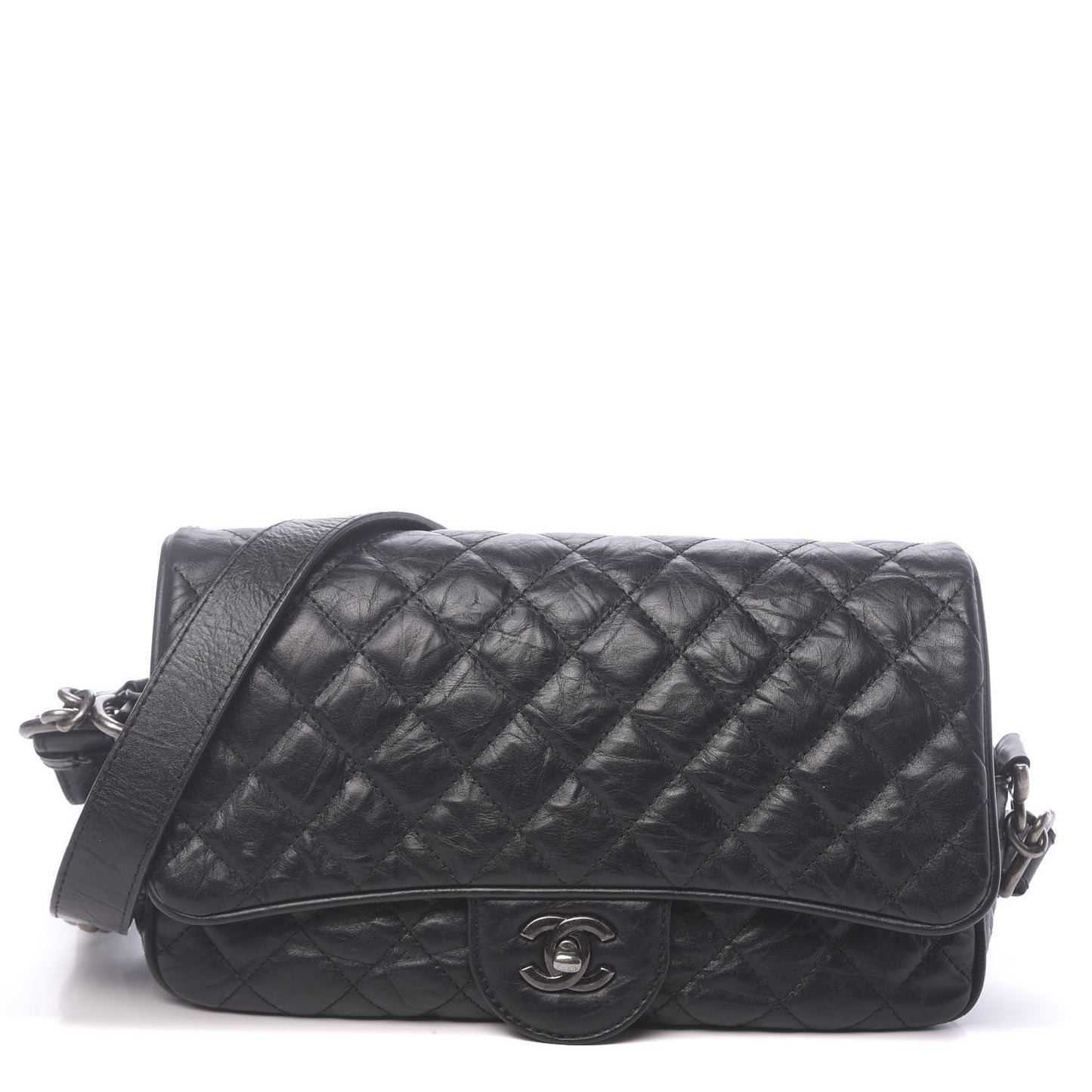 Crumpled Calfskin Quilted Small Casual Rock Flap Black