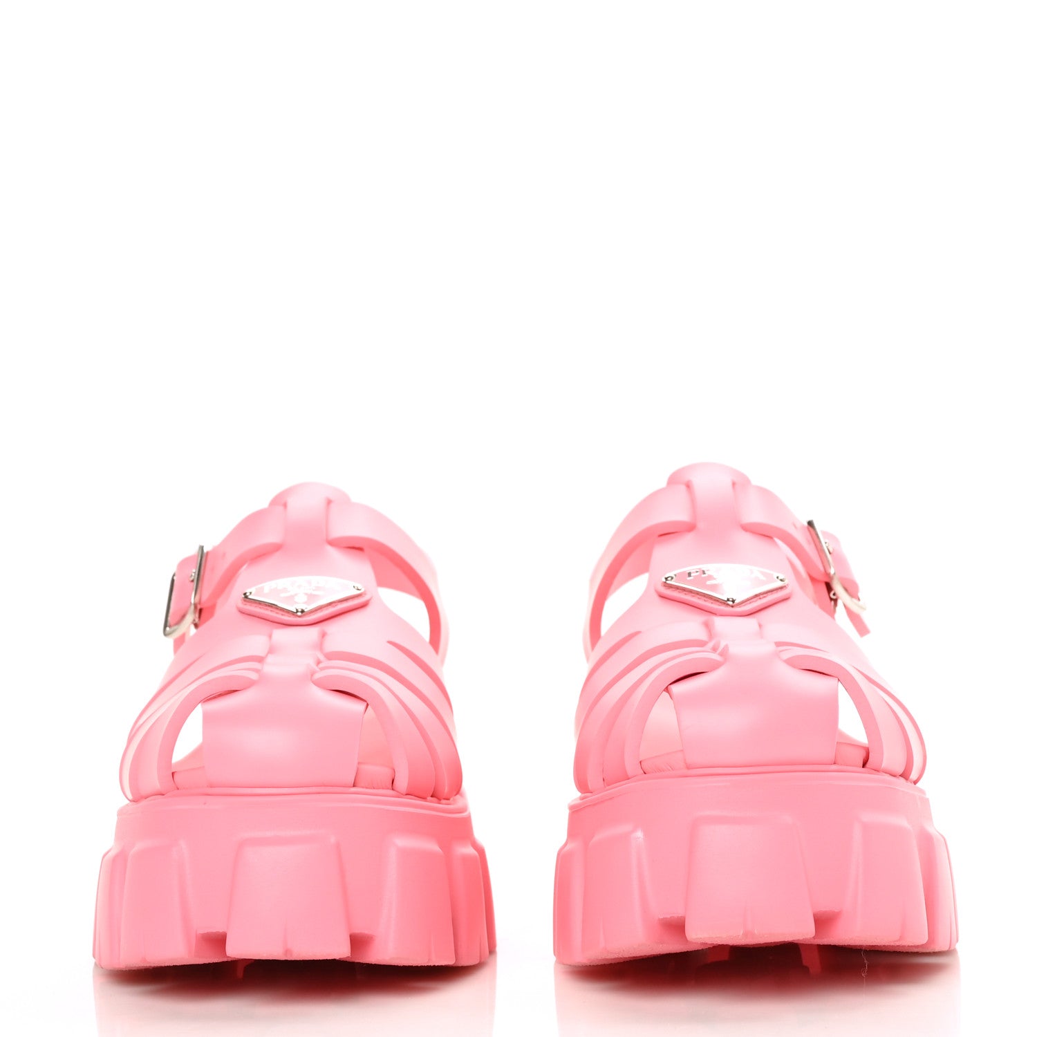 Prada Foam Rubber Metal Triangle Logo Monolith 55mm Cage Sandals 41 Begonia 2 of 8