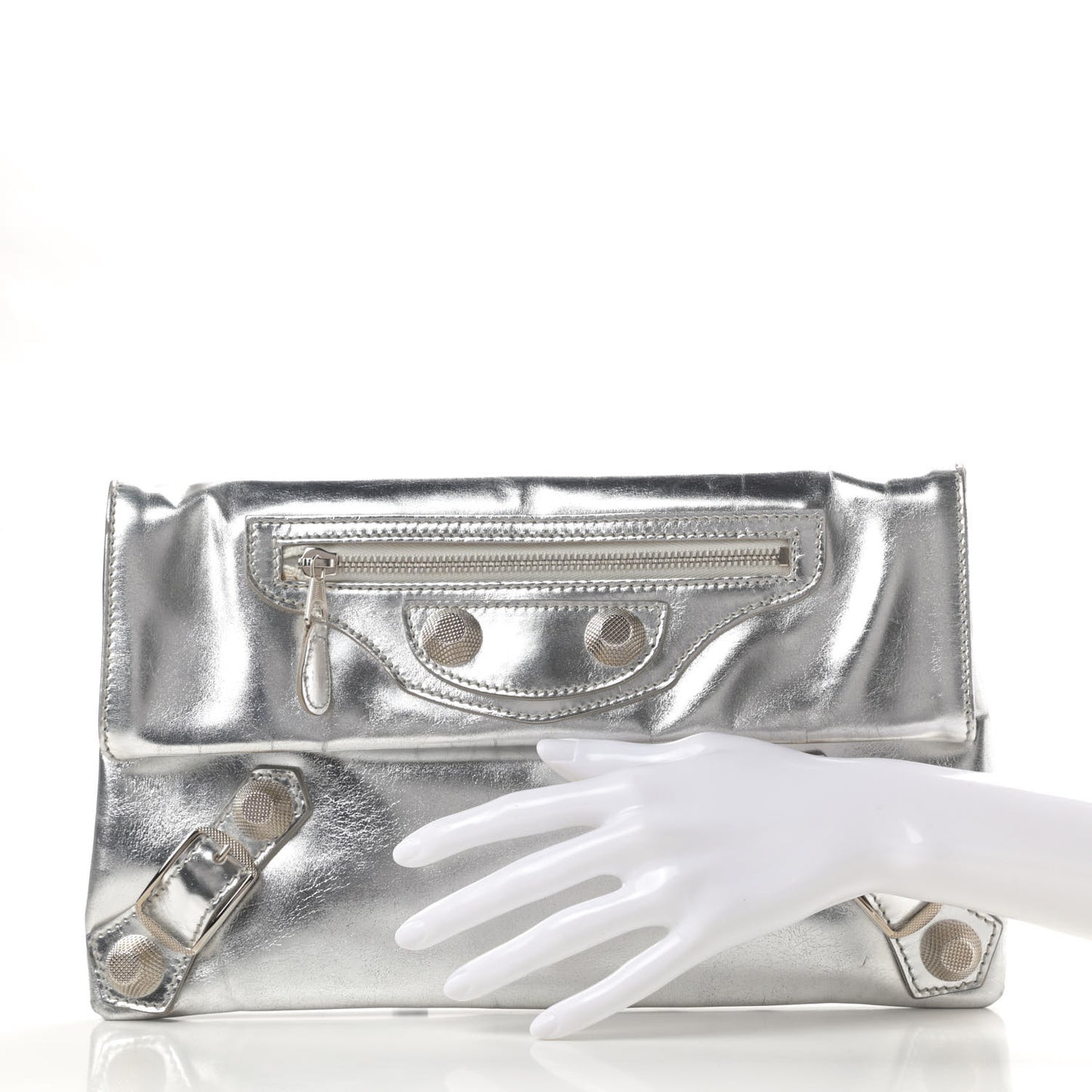 Laminated Calfskin Giant 21 Silver Hardware Envelope Clutch Silver