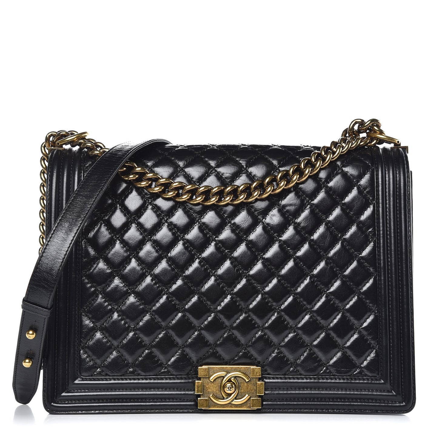 Glazed Calfskin Quilted Large Boy Flap Black