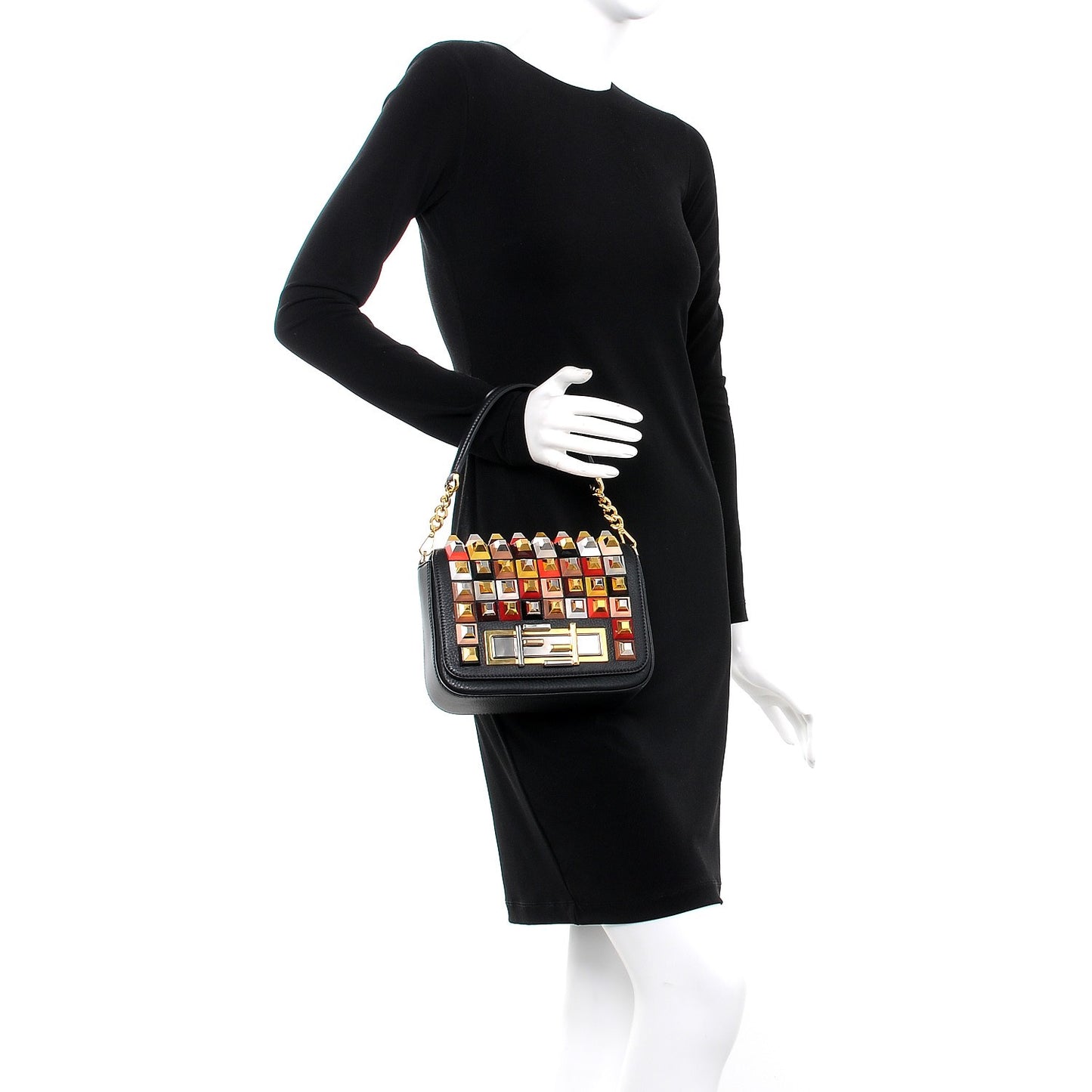 Grained Calfskin Studded 3Baguette Shoulder Bag Black Multicolor