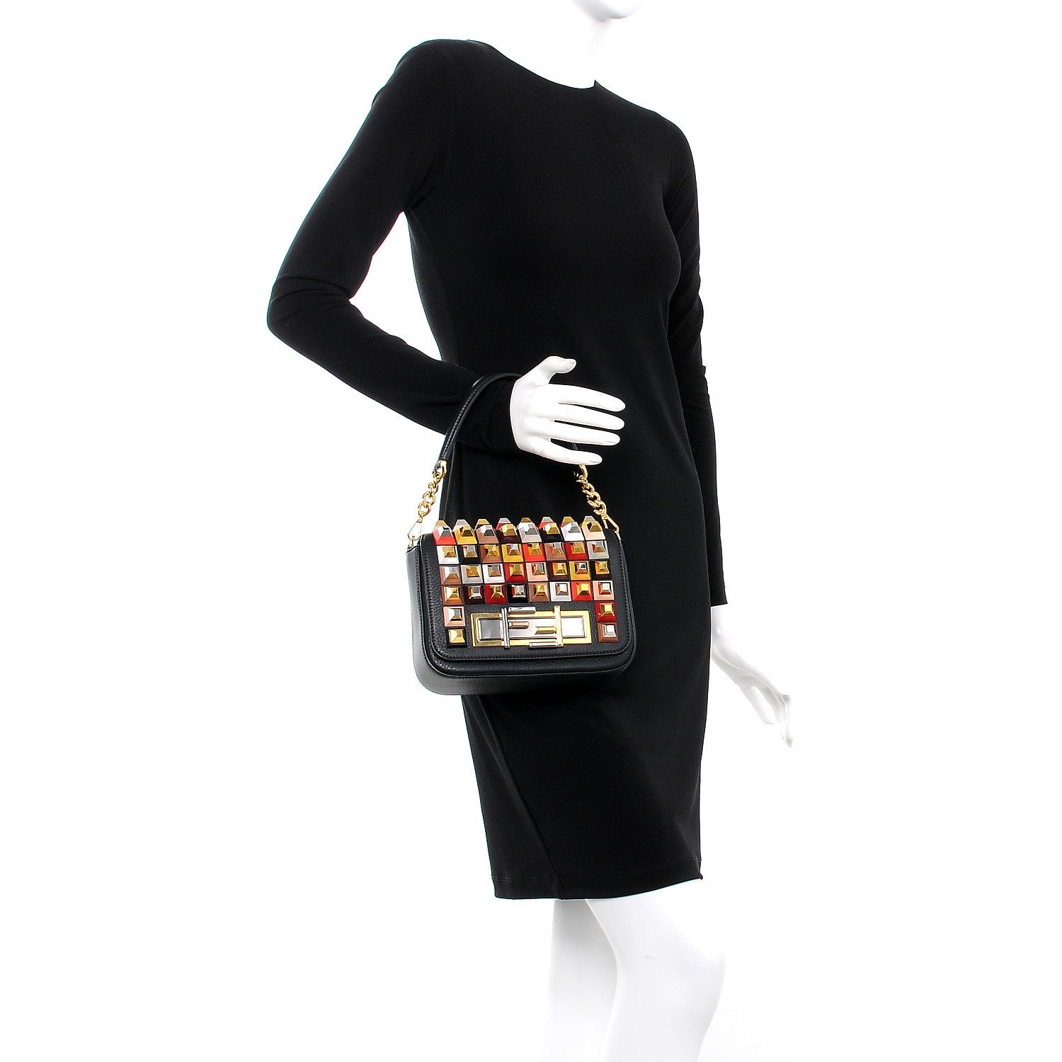 Fendi Grained Calfskin Studded 3Baguette Shoulder Bag Black Multicolor 3 of 8