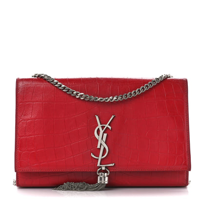 Saint Laurent Calfskin Crocodile Embossed Medium Classic Monogram Kate Tassel Satchel New Red 1 of 11