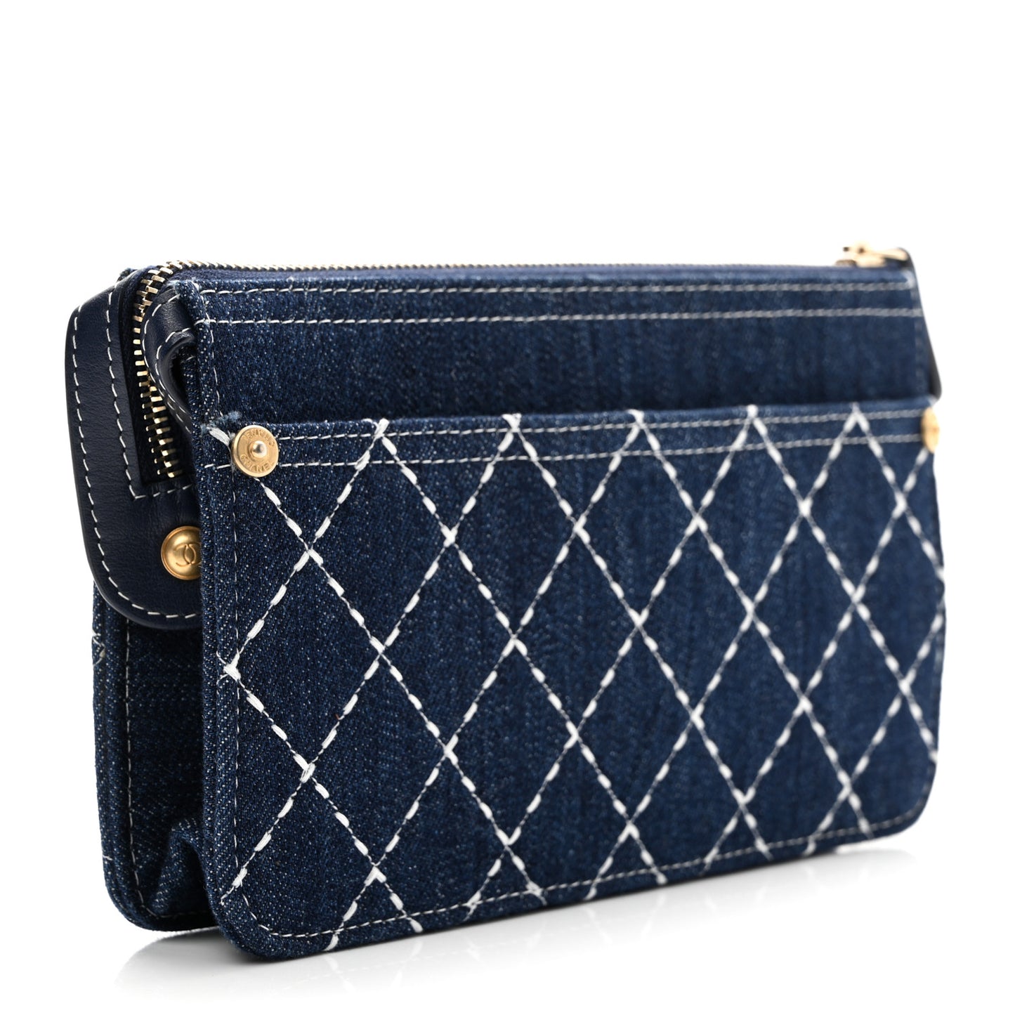 Denim Quilted Zipped Wristlet Clutch Blue
