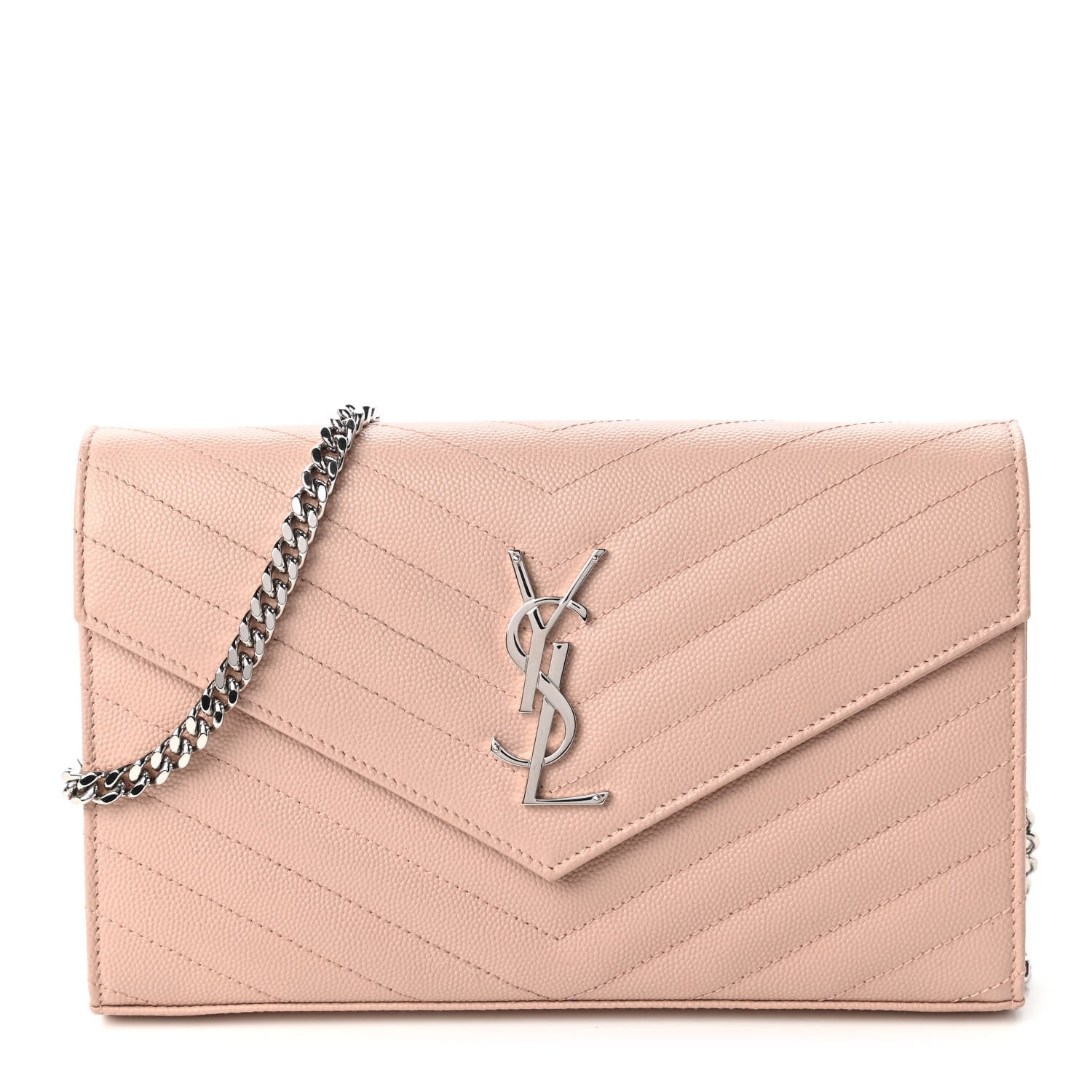 Saint Laurent Grain De Poudre Matelasse Chevron Monogram Chain Wallet Pale Pink 1 of 10