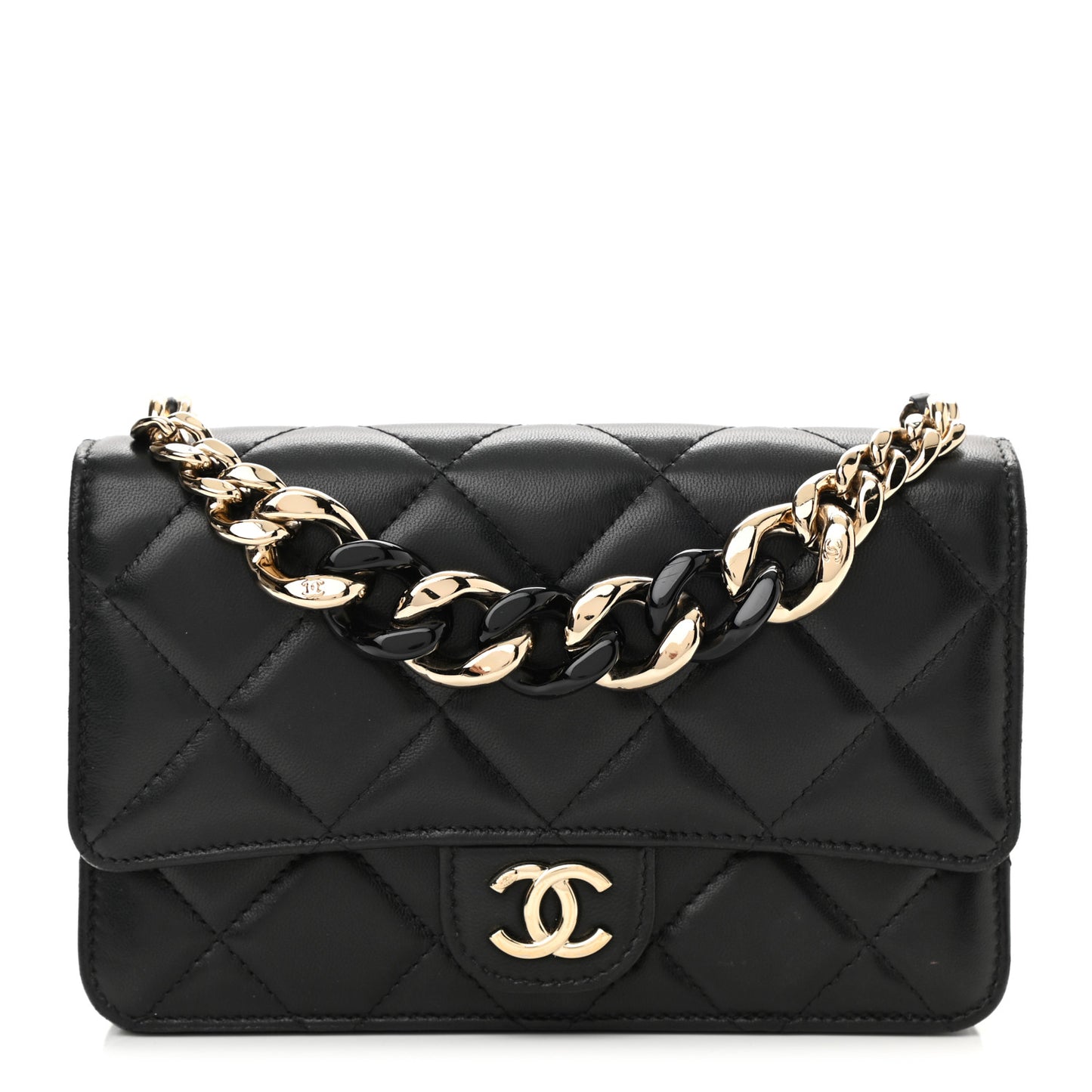 Lambskin Resin Bi-Color Quilted Wallet On Chain WOC Black