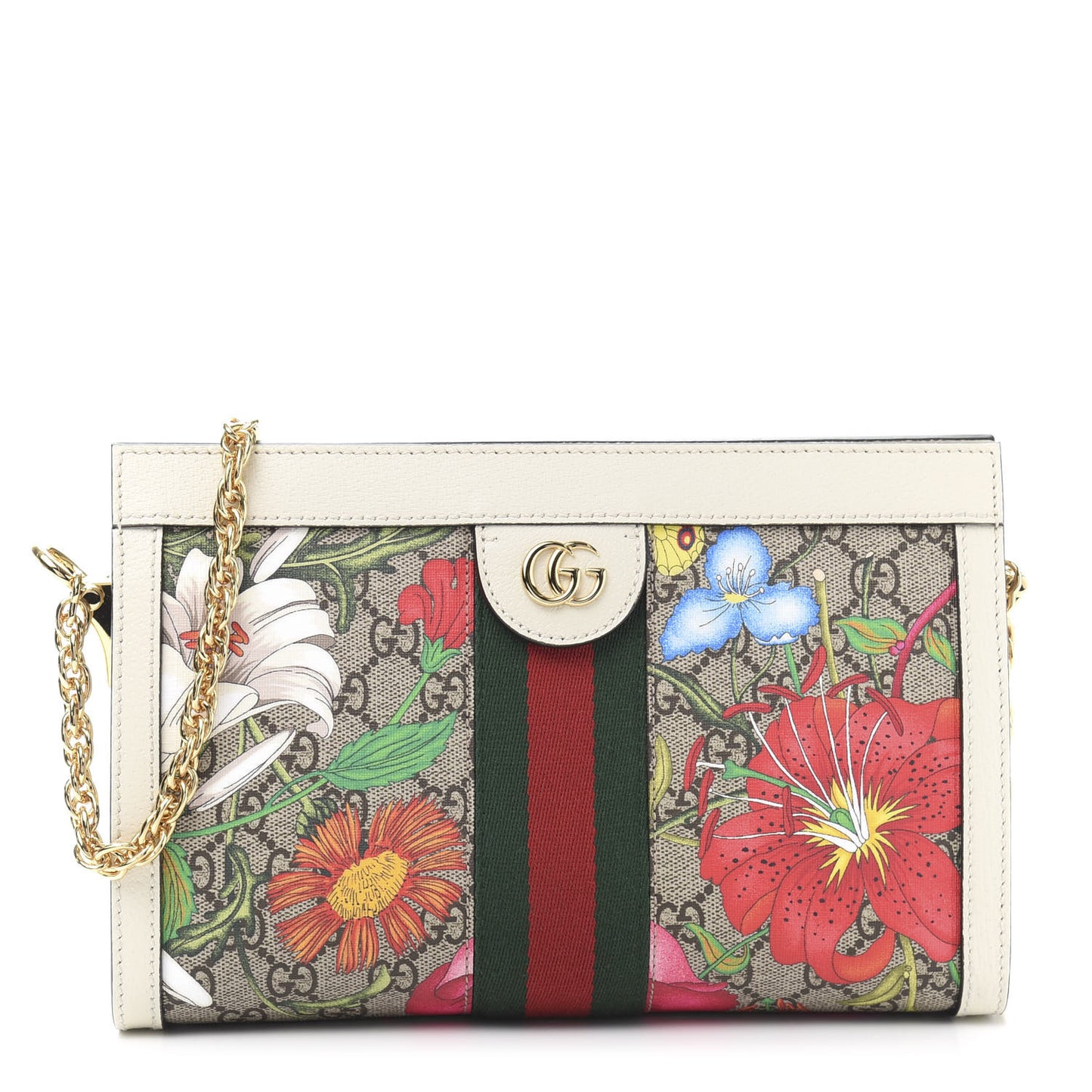 GG Supreme Monogram Flora Web Small Ophidia Chain Shoulder Bag White