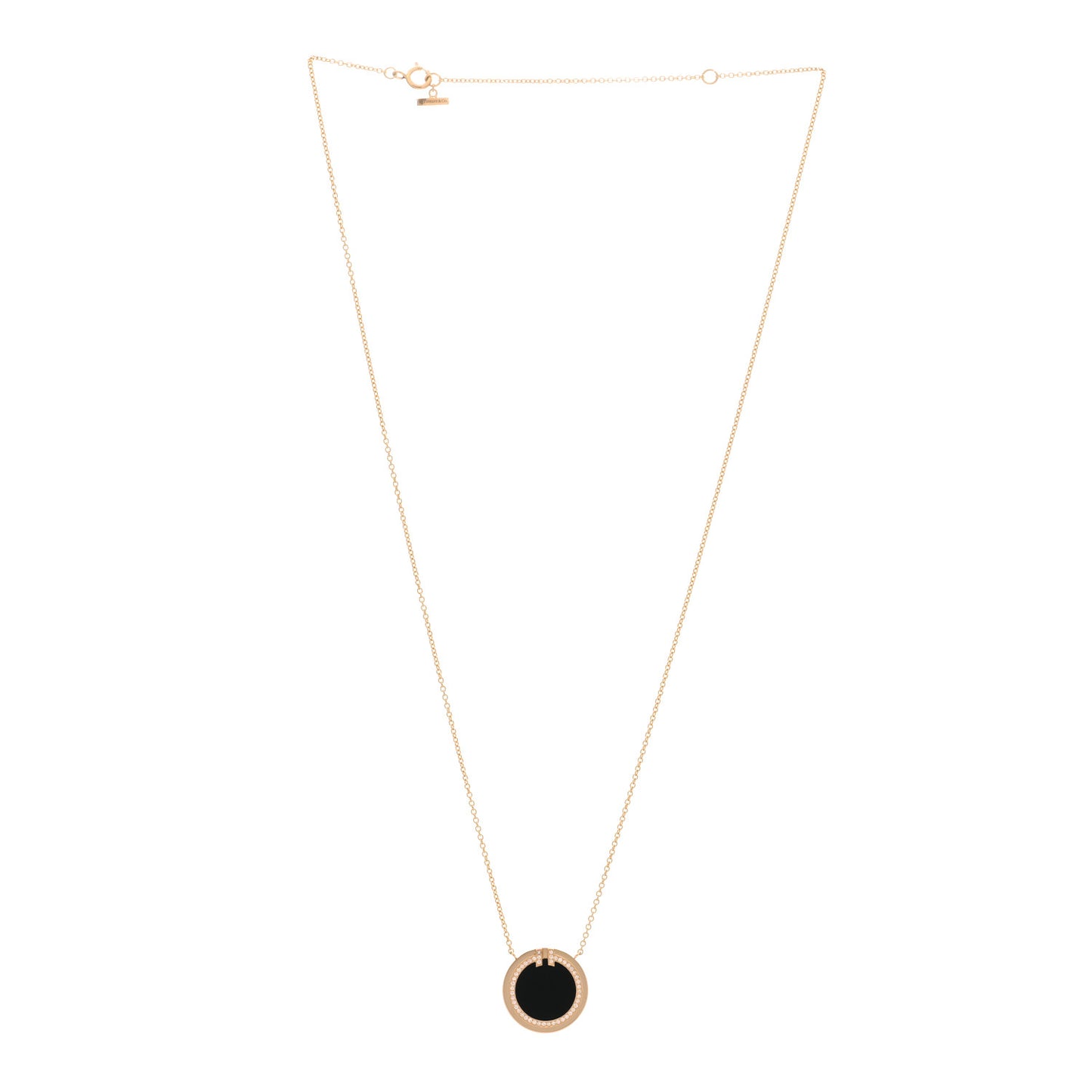 18K Rose Gold Diamond Black Onyx T Circle Pendant Necklace